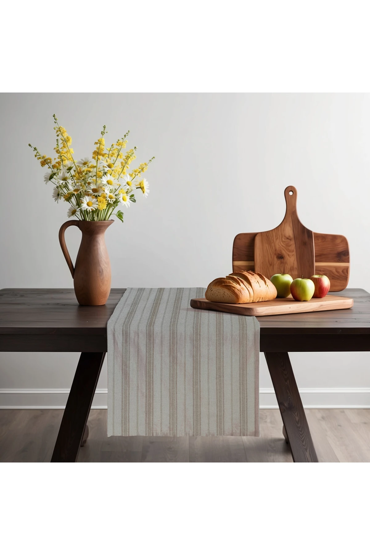 Sütlü Kahve Çizgili Keten Runner - Kahverengi - 40 x 150