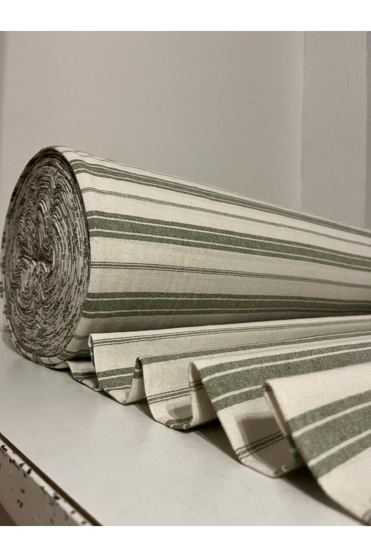 Yeşil Çizgili Pamuk Keten Kumaş - Yeşil - 100 x 230