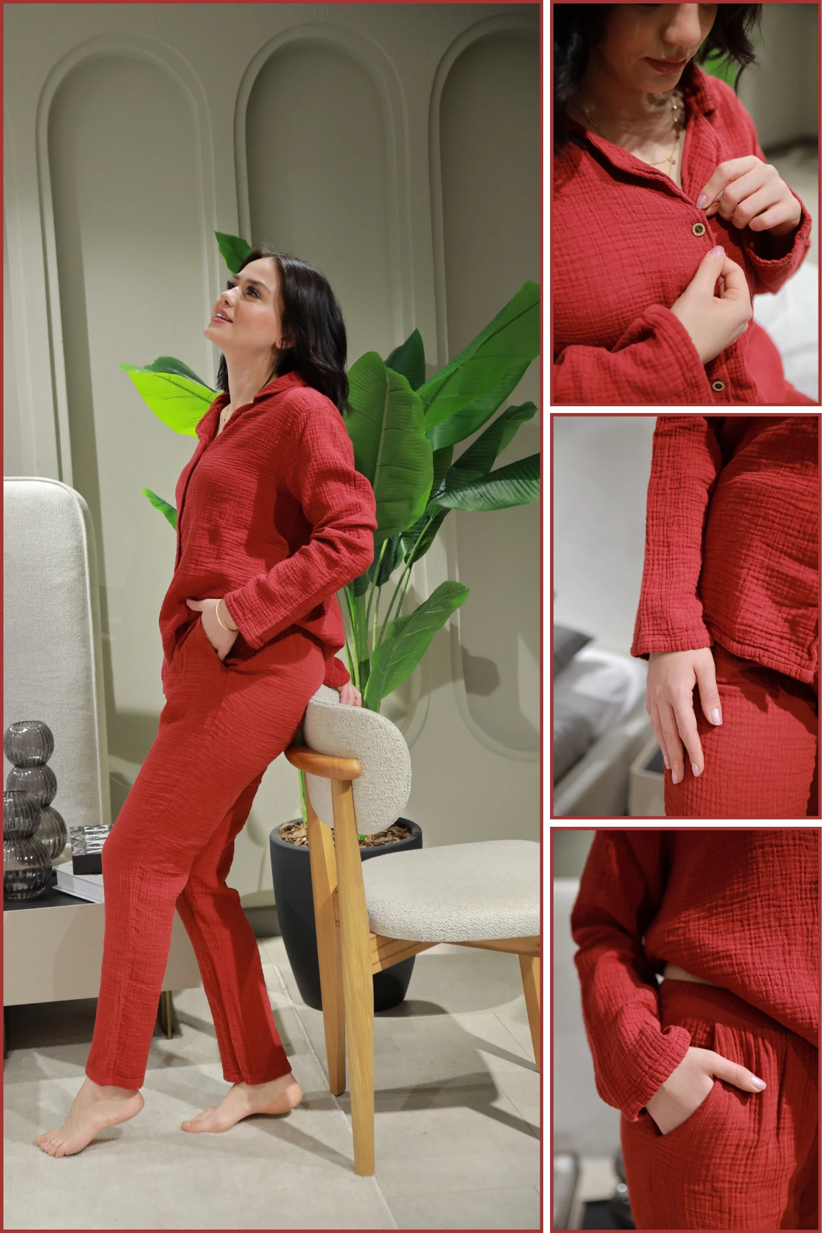 Doğal Pamuk Müslin Kadın Pijama Takımı (Uzun Kollu) - Bordo -