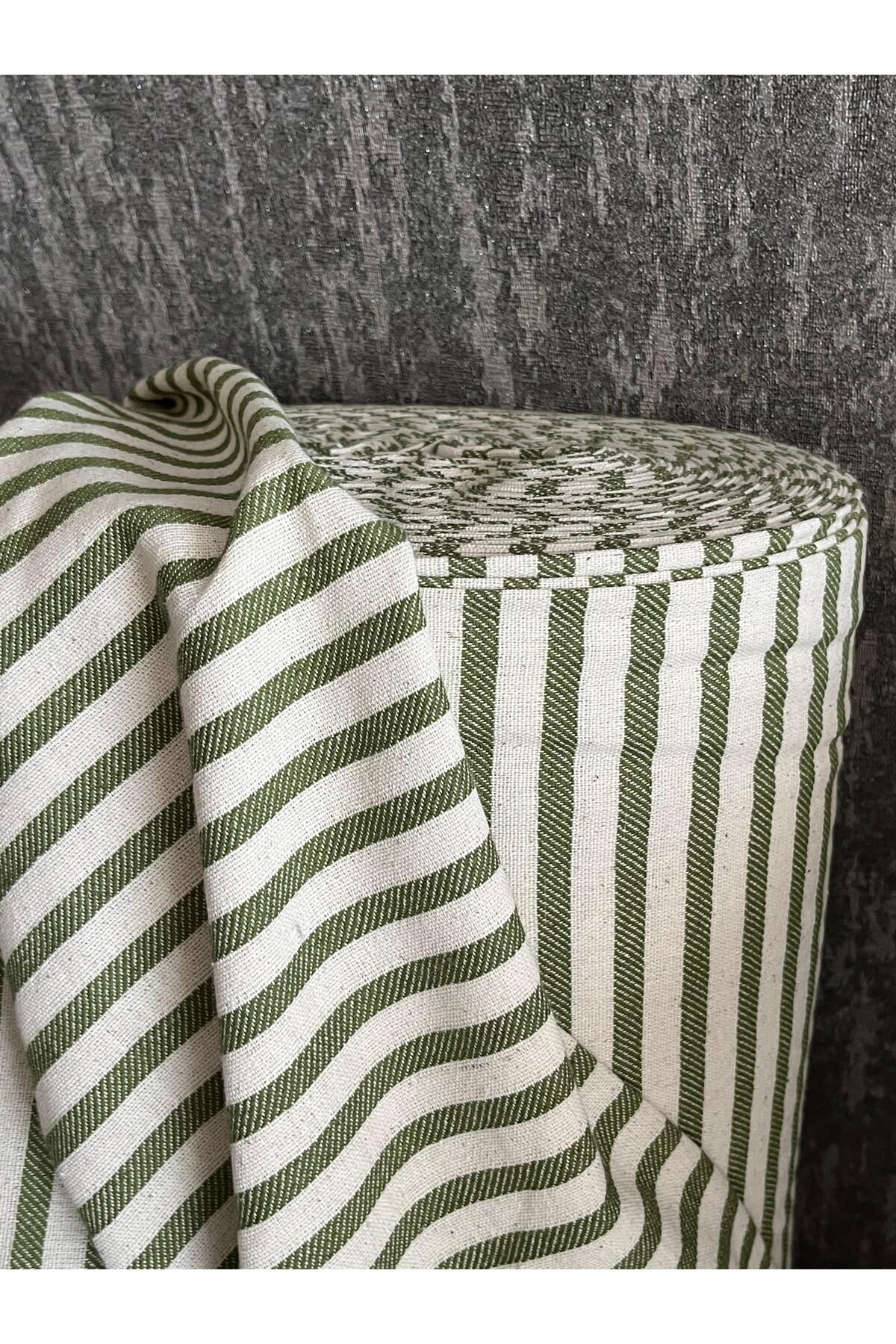 Yıkanmış Zümrüt Çizgili Keten Kumaş - Zümrüt Yeşil - 100 x 230
