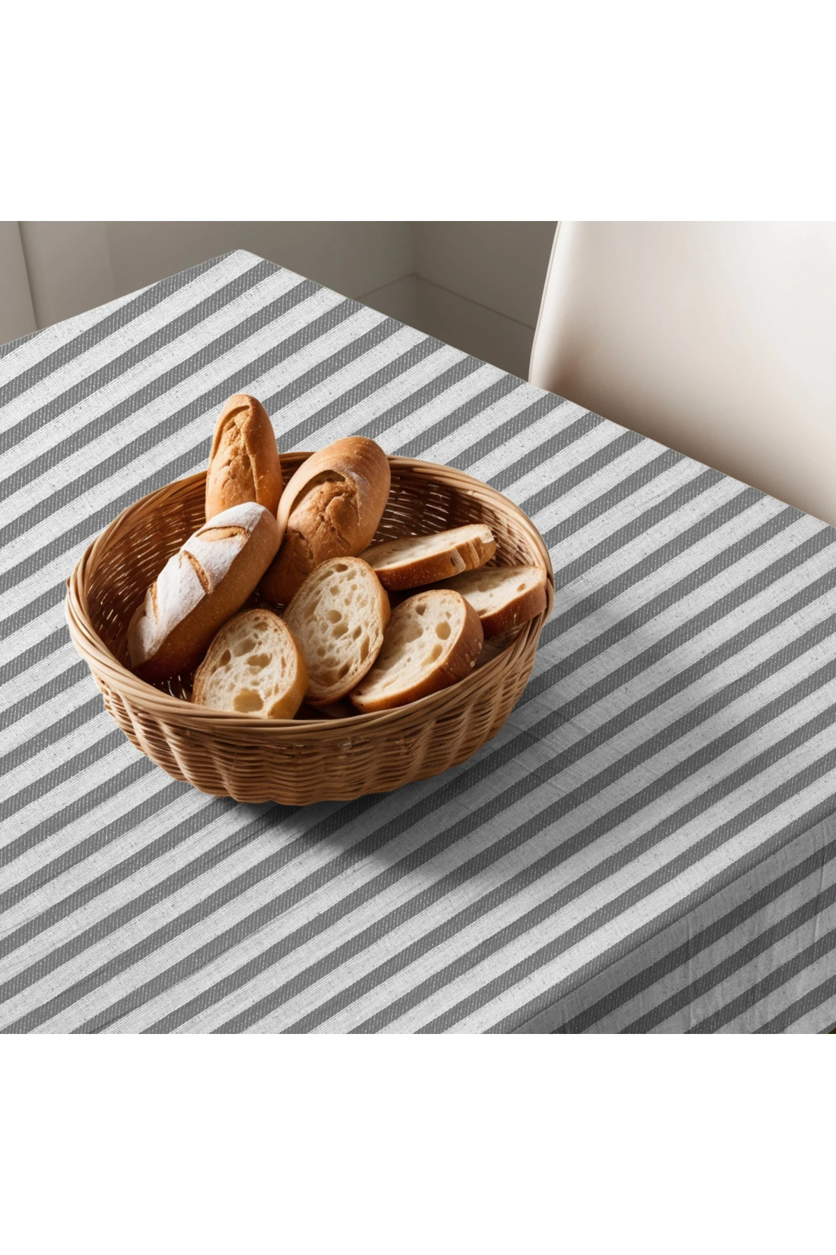 Gri Çizgili Keten Masa Örtüsü - Gri - 180 x 220