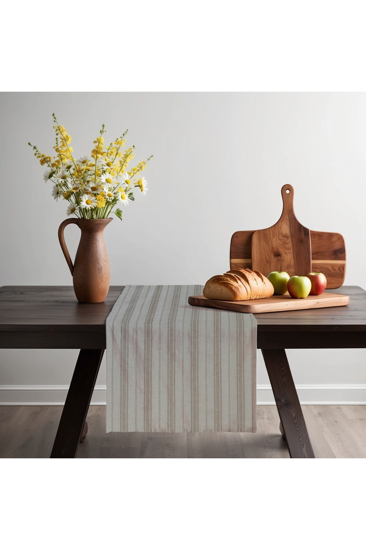 Sütlü Kahve Çizgili Keten Runner - Kahverengi - 40 x 150