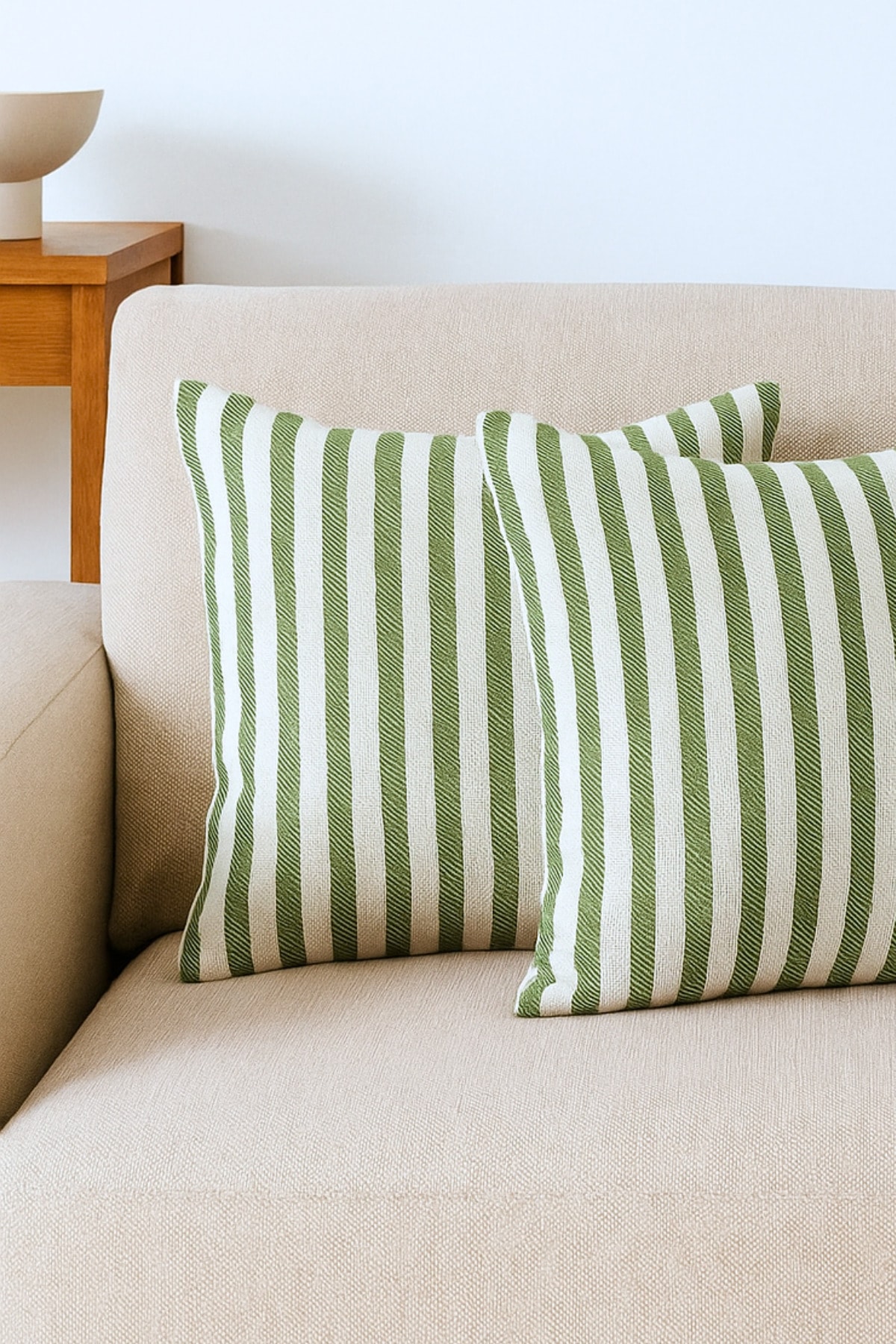 Çizgili Pamuk Keten Kırlent Kılıfı (2'li Set) - Zümrüt Yeşil - 43 x 43