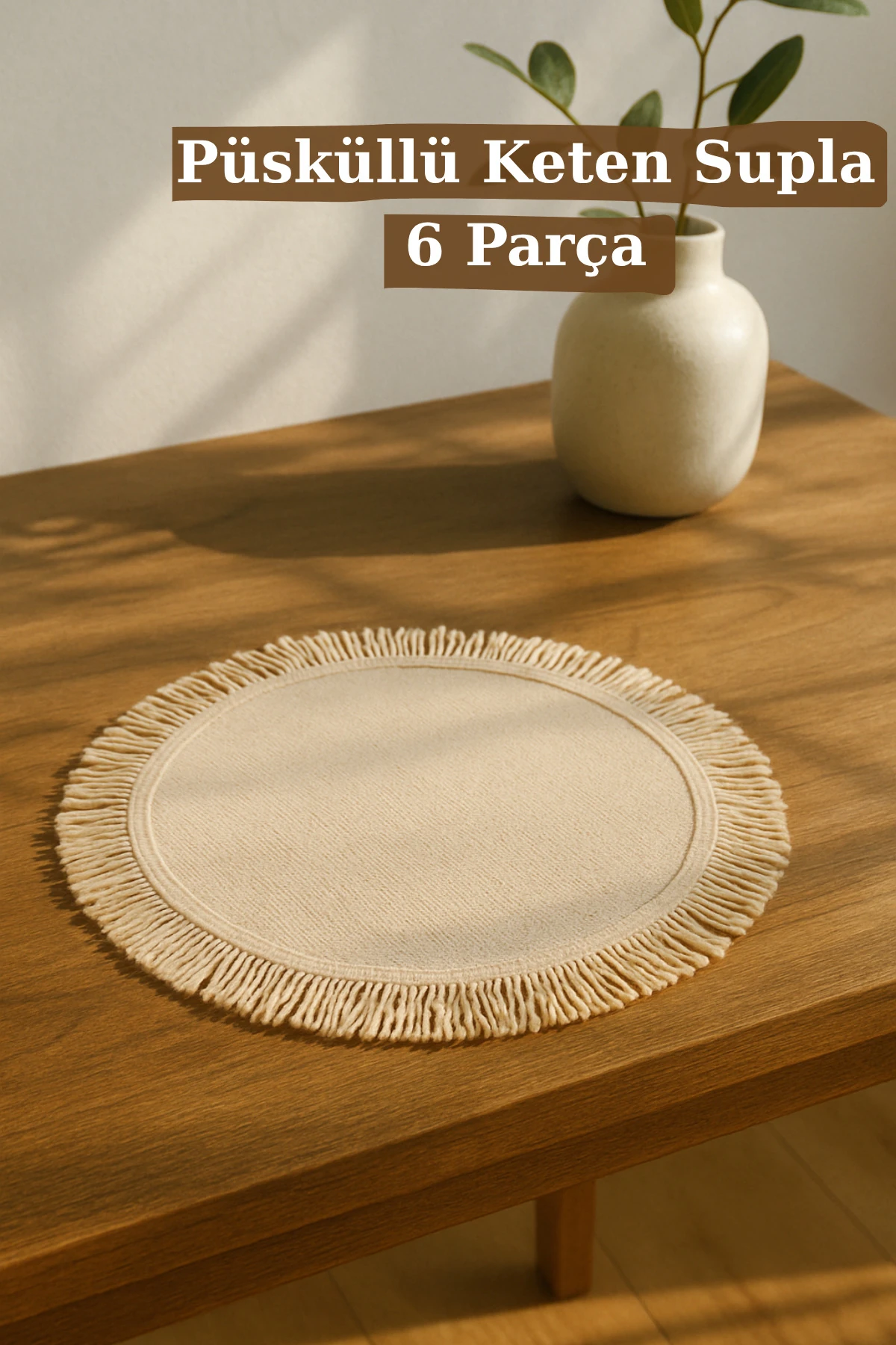 Püsküllü Keten Amerikan Servis Seti (6 Adet) - Doğal Bej - 40 x 40