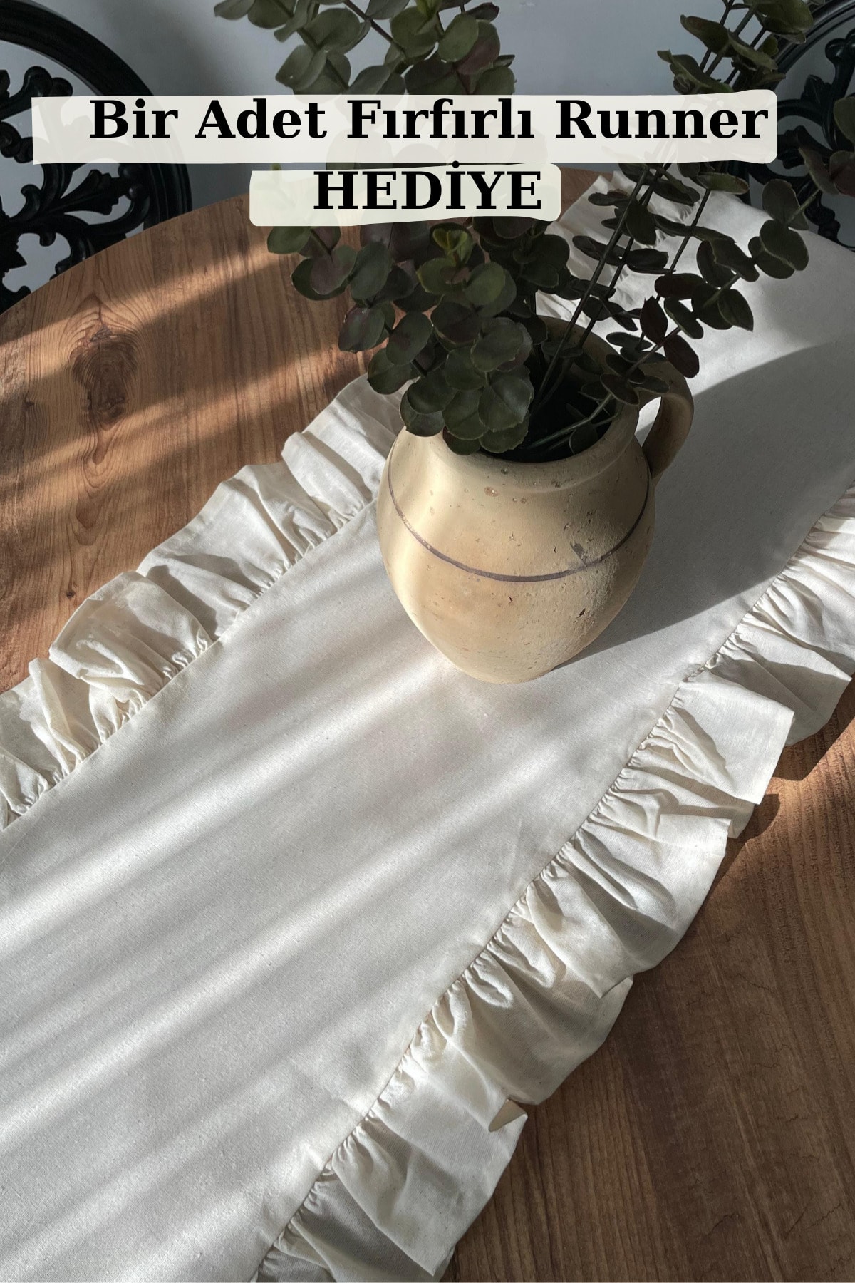 Boho Desen Fırfırlı Runner ve Kırlent Seti (3 Parça) - Ekru - 43 x 43