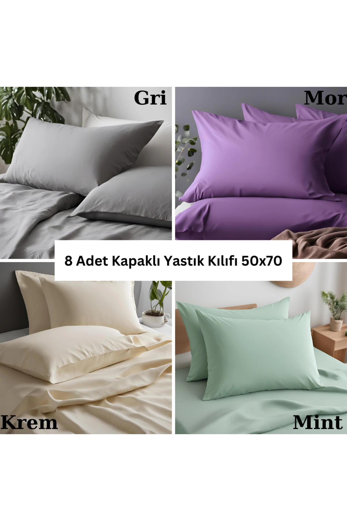 Pamuklu Yastık Kılıfı - 8 Adet - Gri Mor Krem Antrasit - 50 x 70