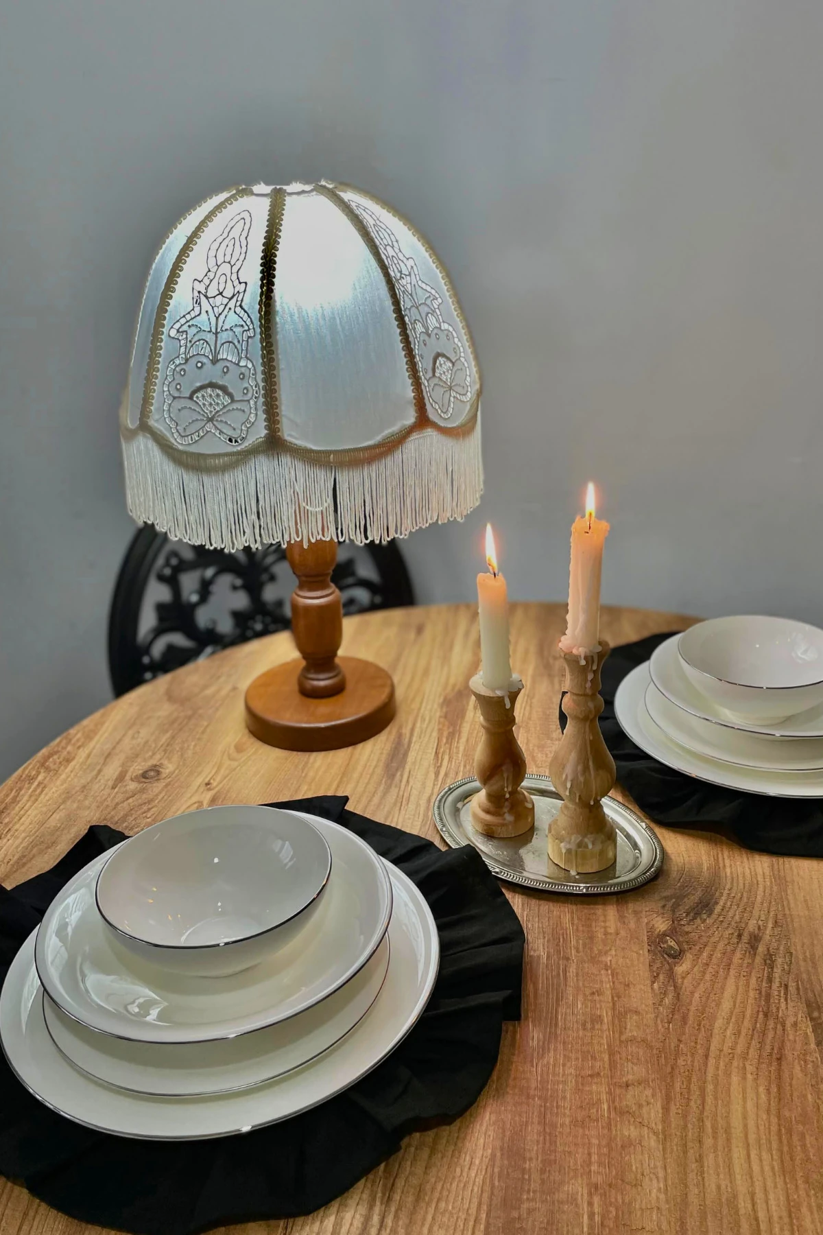 Fırfırlı Keten Yuvarlak Supla Seti - Siyah (6'lı)  - 40 x 40