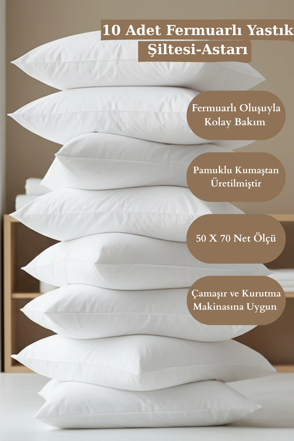 Pamuklu Yastık Kılıfı - 10 Adet - Beyaz - 50 x 70