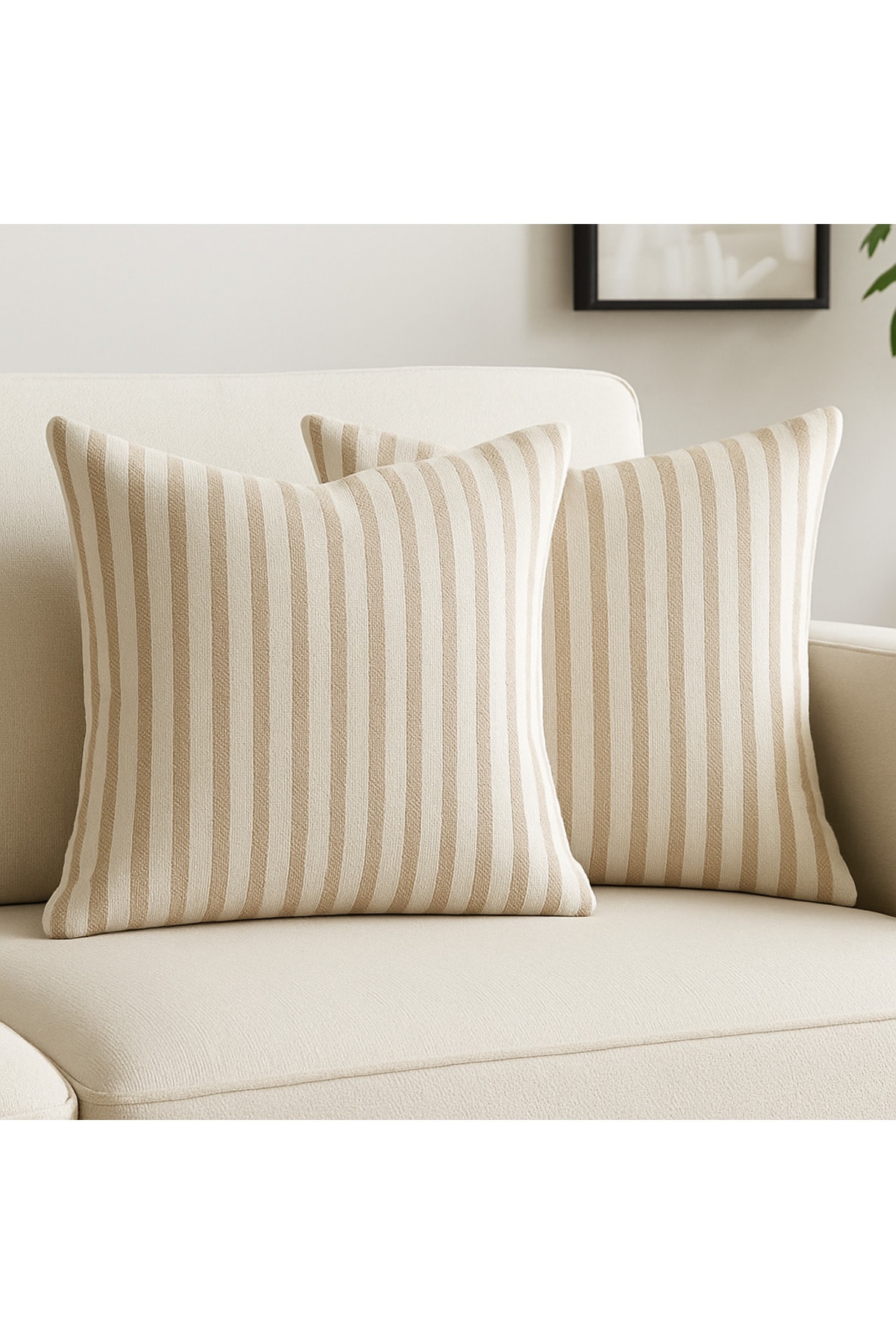 Çizgili Pamuk Keten Kırlent Kılıfı (2'li Set) - Sütlü Kahve - 43 x 43