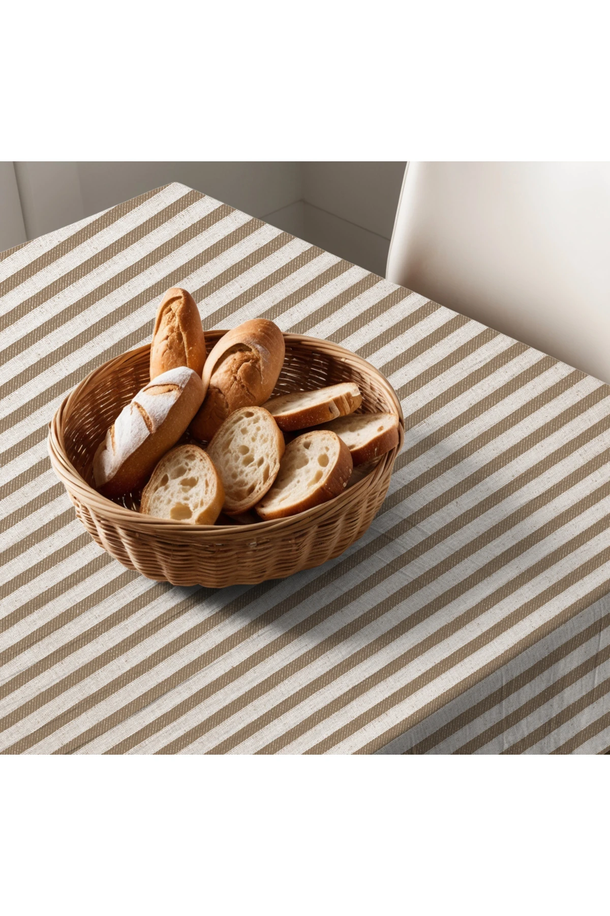 Sütlü Kahve Çizgili Keten Masa Örtüsü - Açık Kahve - 140 x 180