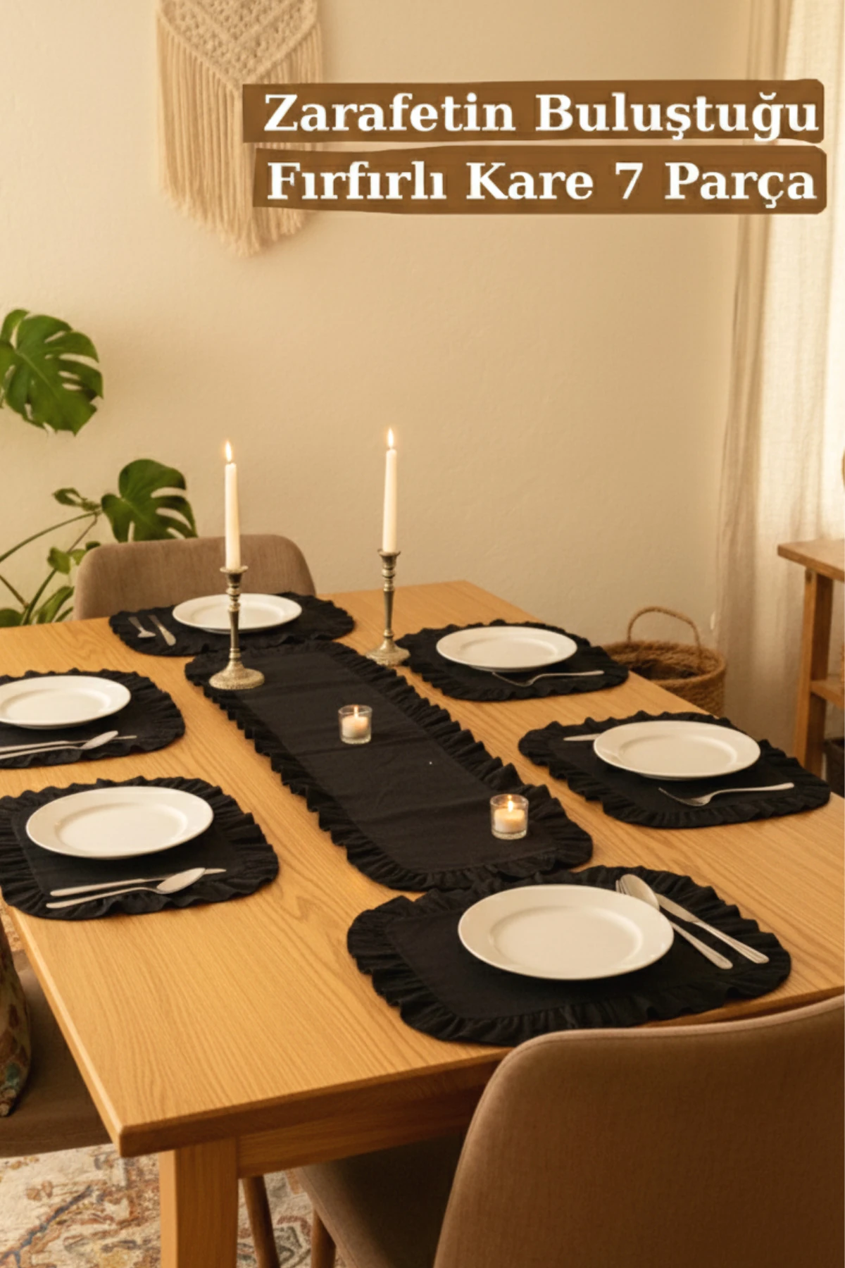 Fırfırlı Keten Runner ve Kare Supla Seti (7 Parça) - Siyah - 40 x 110