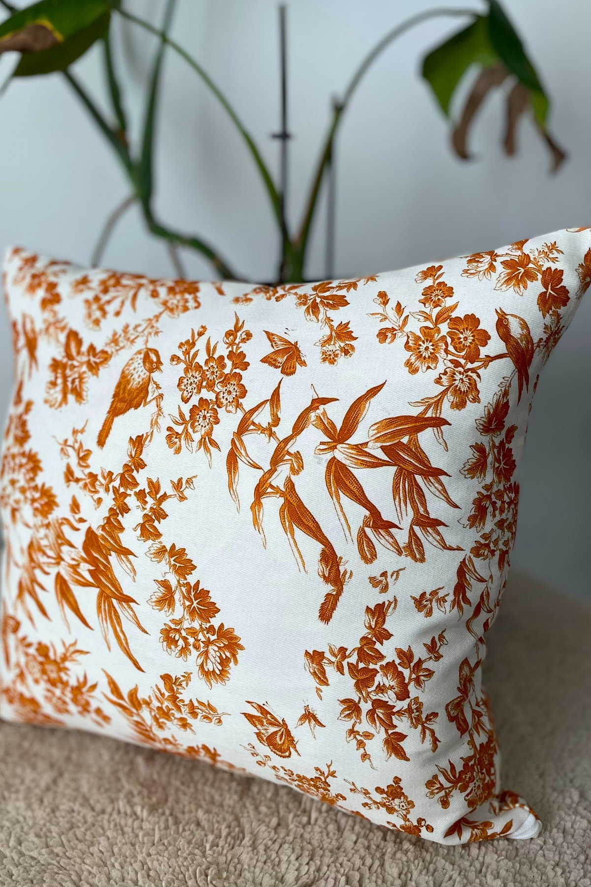 Vintage Kuş Desenli Kırlent Kılıfı (%100 Pamuk) - Turuncu - 45 x 45