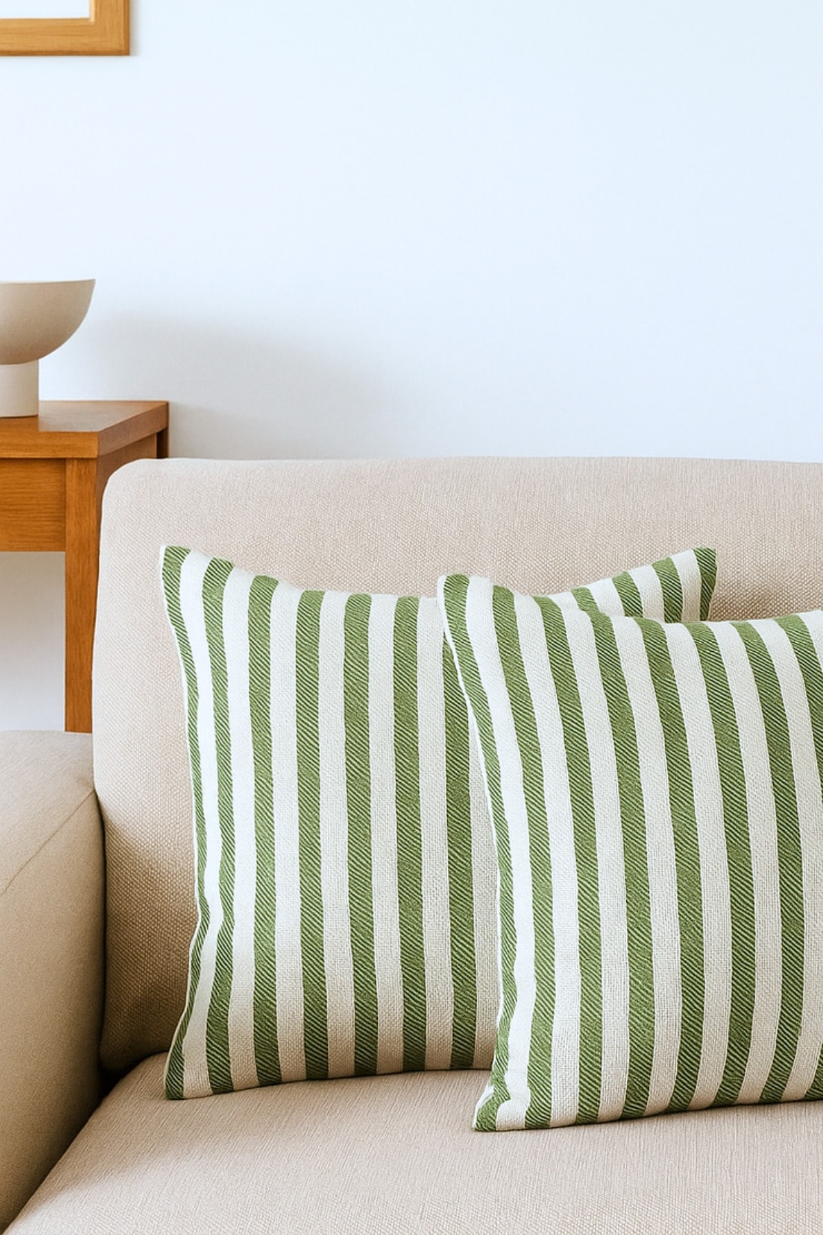 Çizgili Pamuk Keten Kırlent Kılıfı (2'li Set) - Zümrüt Yeşil - 43 x 43