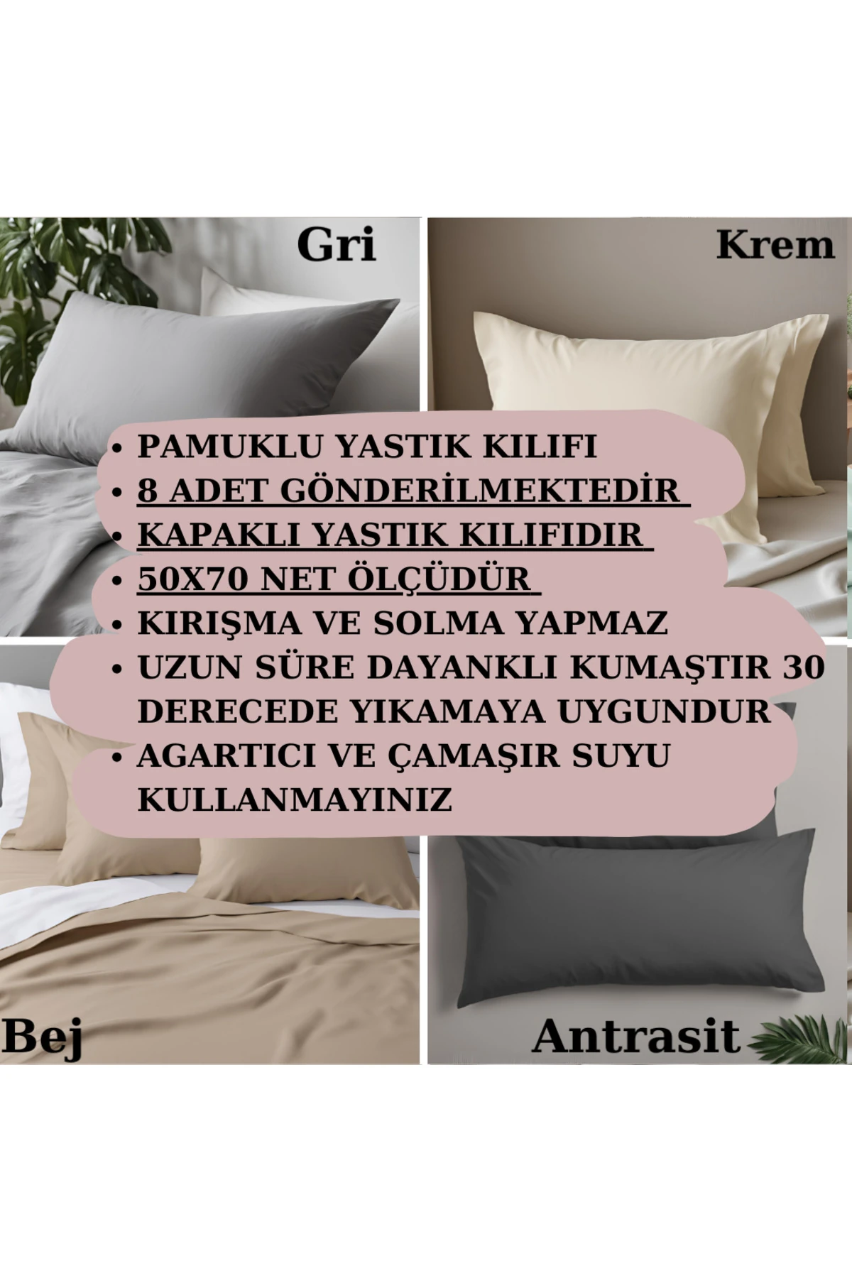 Pamuklu Yastık Kılıfı - 8 Adet - Gri Krem Bej Antrasit - 50 x 70