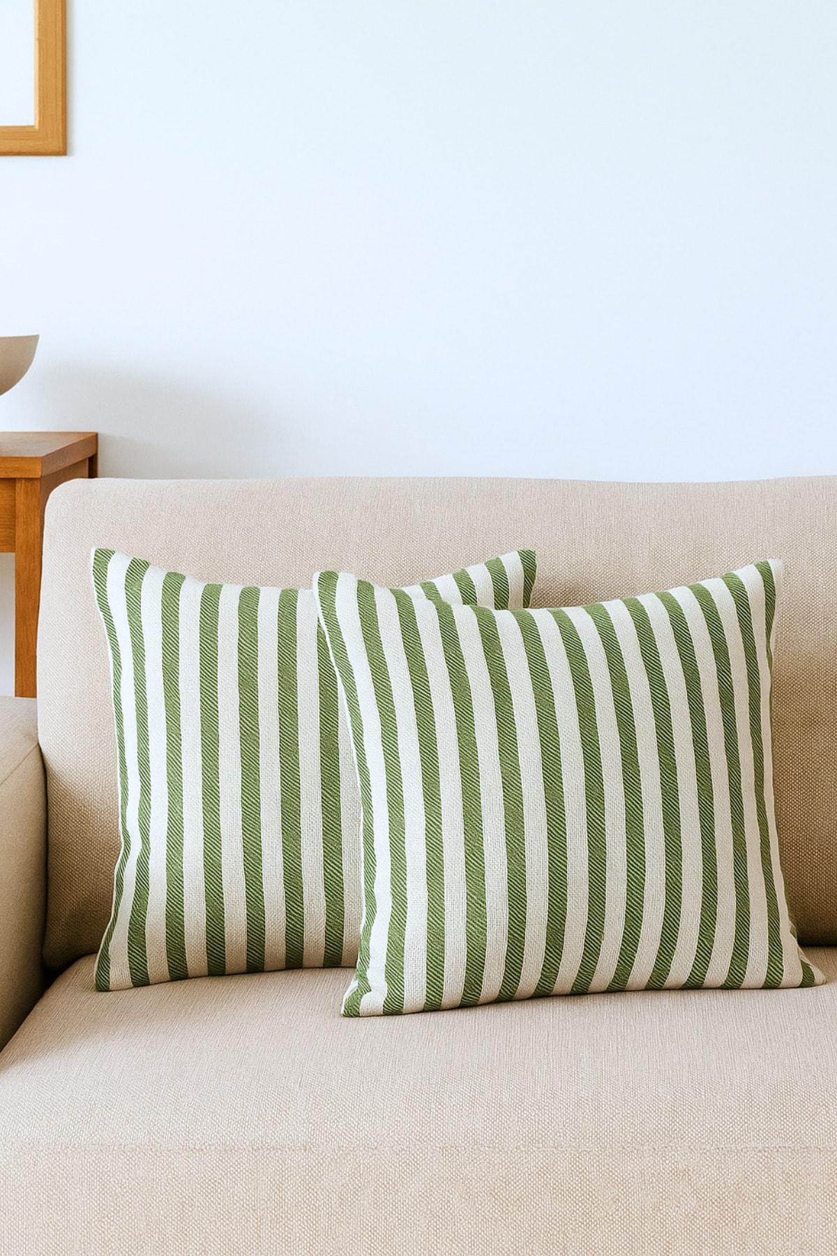 Çizgili Pamuk Keten Kırlent Kılıfı (2'li Set) - Zümrüt Yeşil - 43 x 43