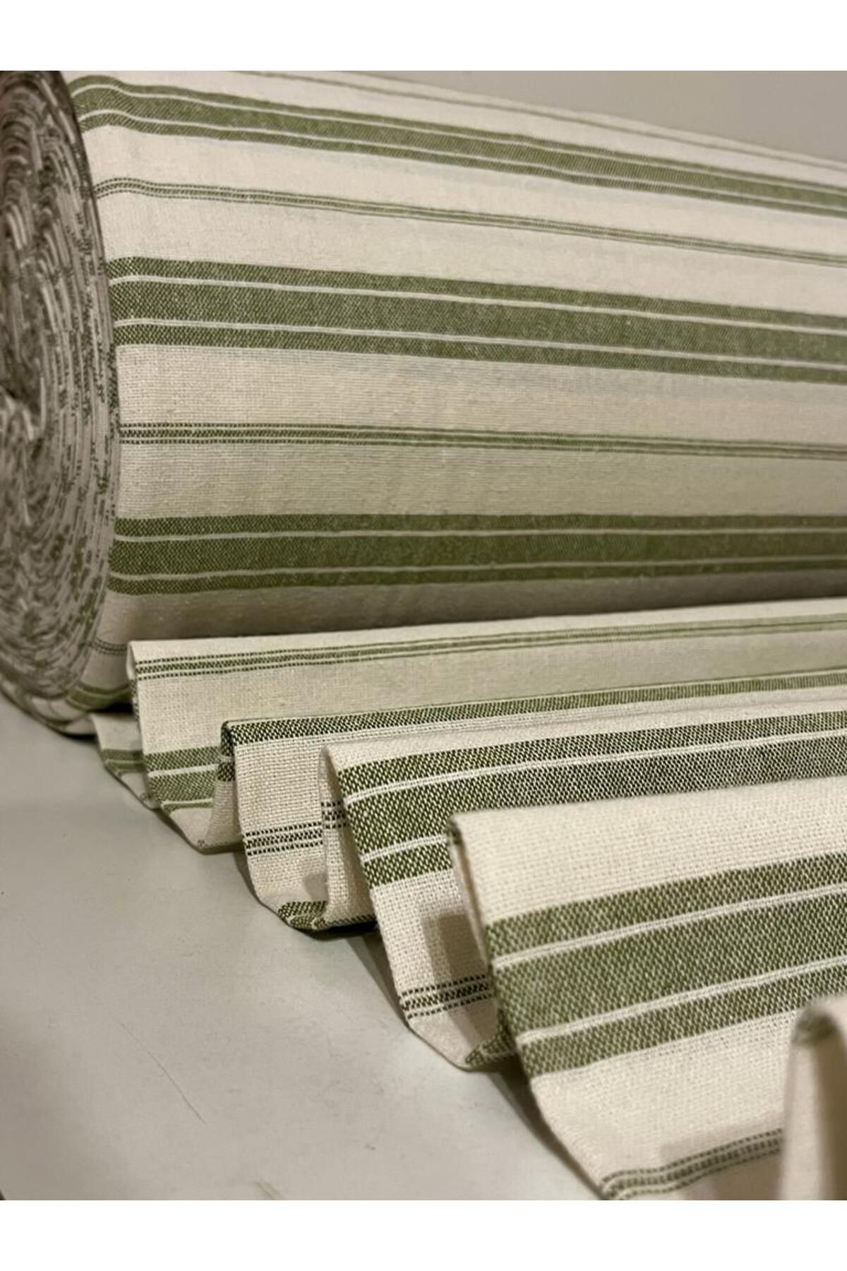 Yeşil Çizgili Pamuk Keten Kumaş - Yeşil - 100 x 230