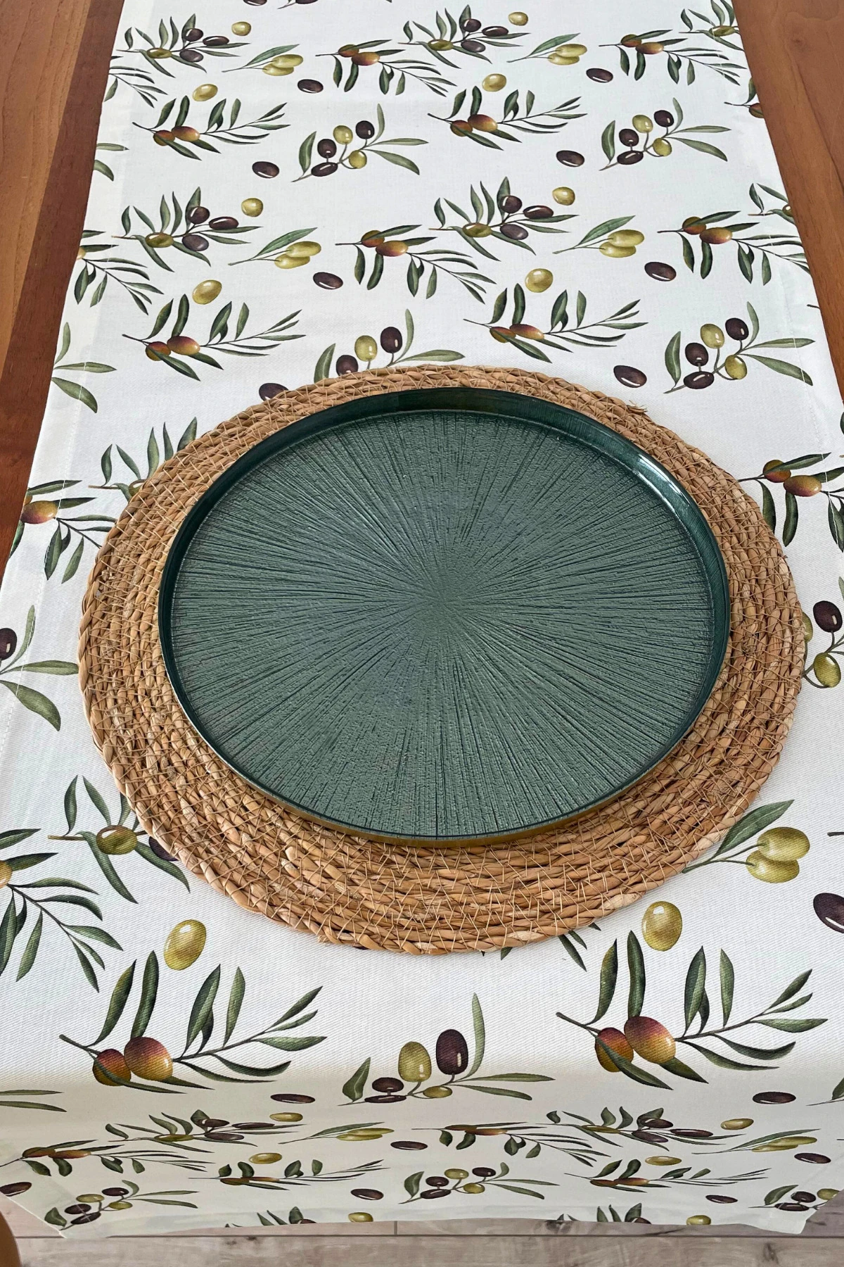 Zeytin Desenli Runner - Zeytin Yeşili - 40 x 150