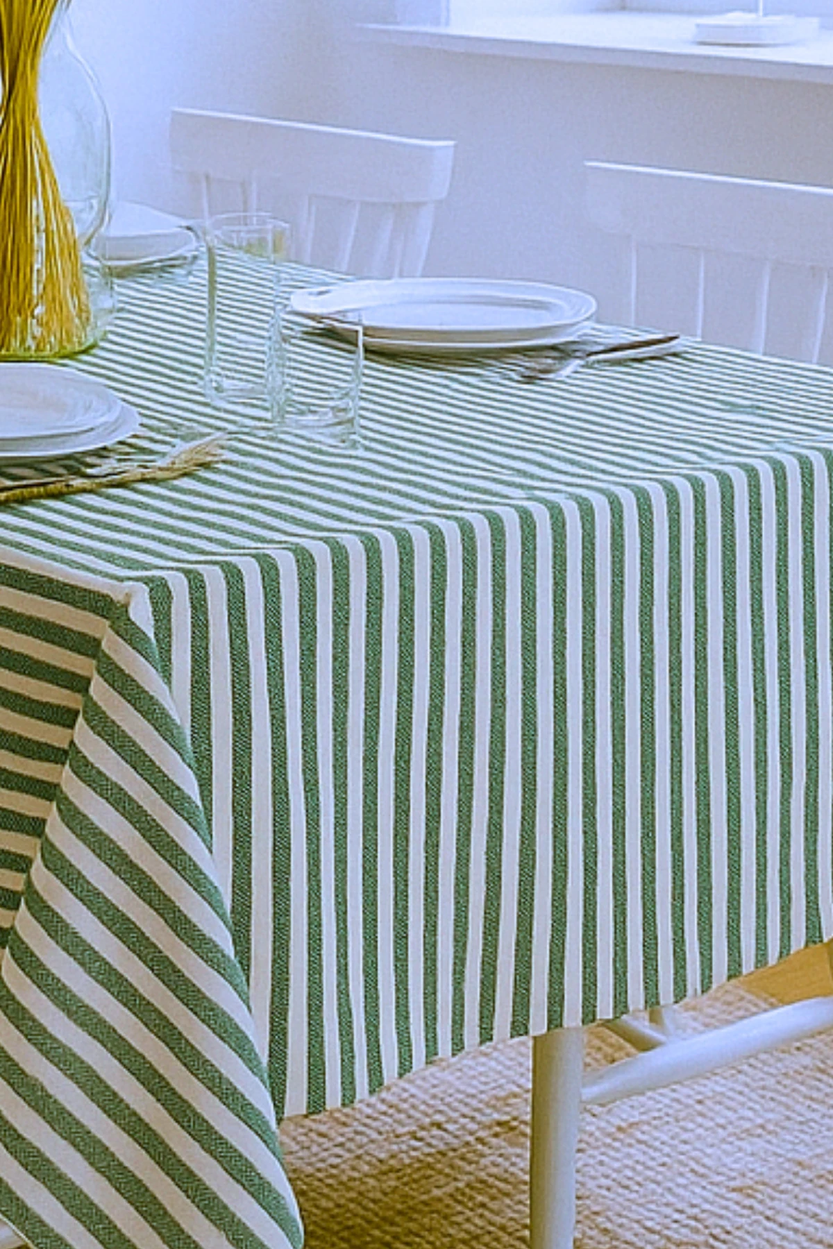 Zümrüt Yeşil Çizgili Keten Masa Örtüsü - Zümrüt Yeşil - 180 x 220