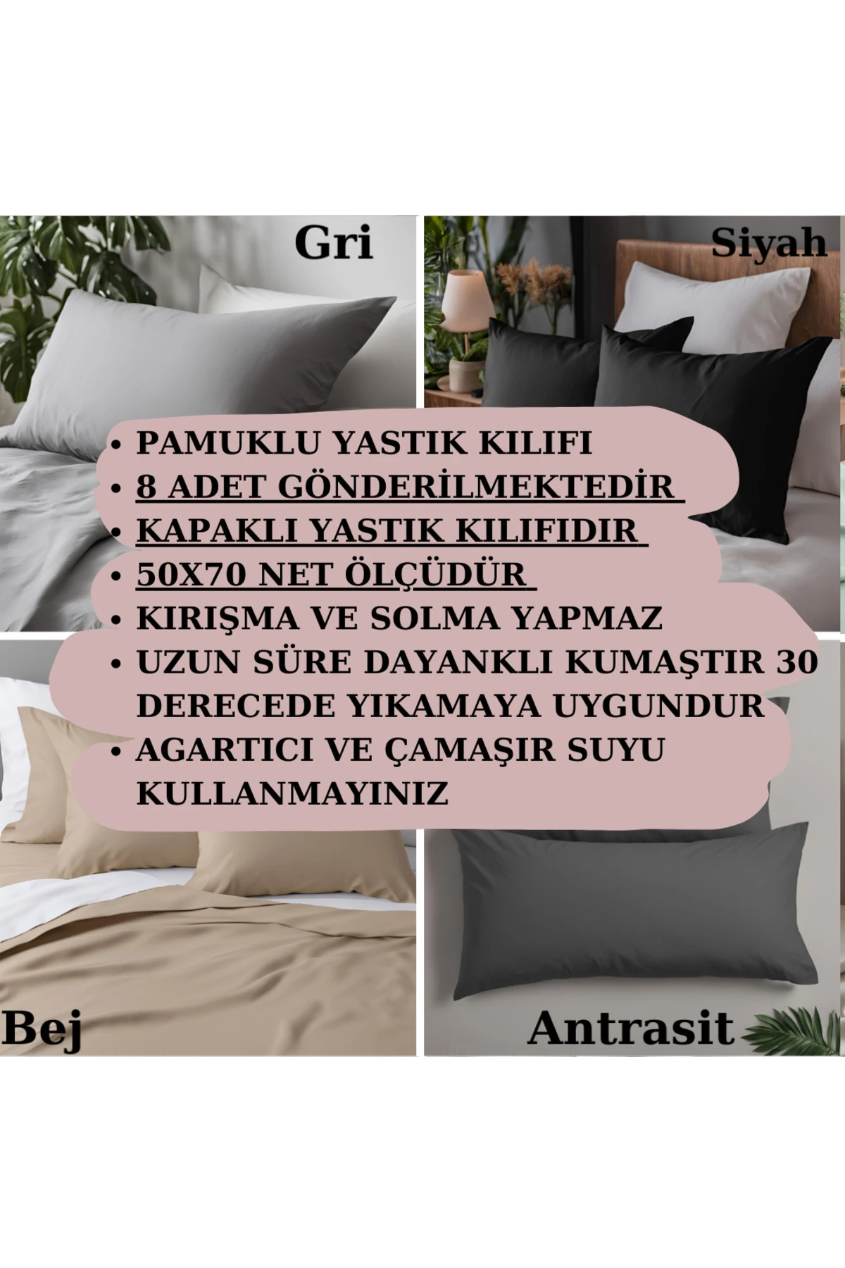 Pamuklu Yastık Kılıfı - 8 Adet - Gri Siyah Bej Antrasit - 50 x 70