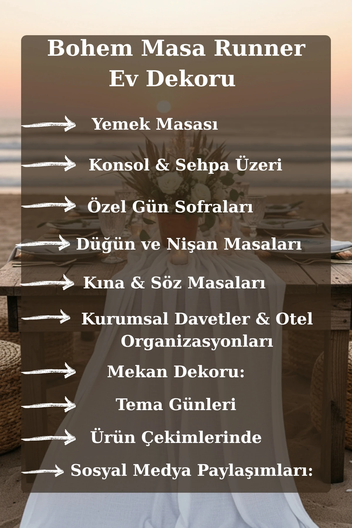 Püsküllü Bohem Runner Masa Örtüsü (%100 Pamuk) - Beyaz - 90 x 200