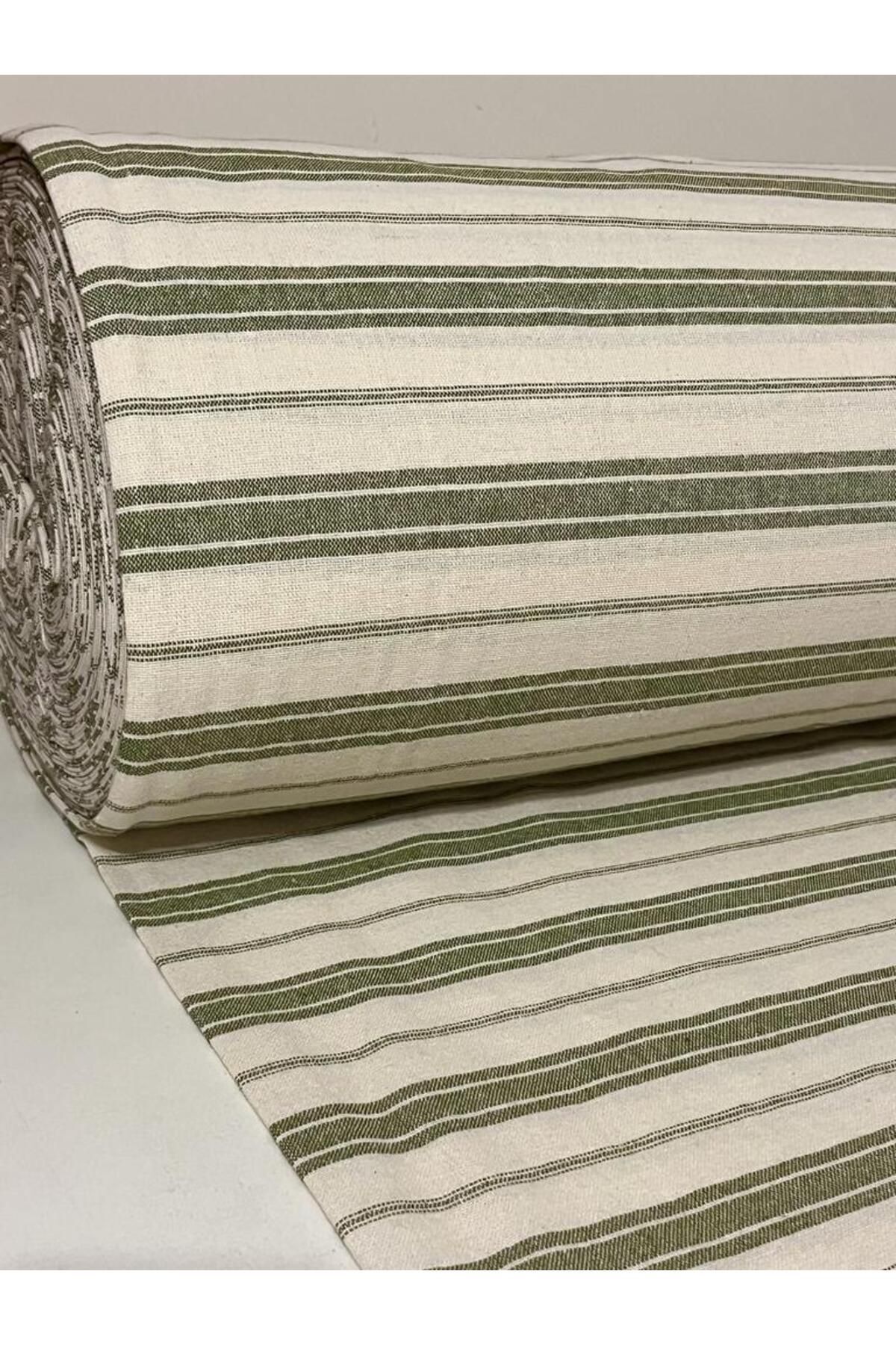 Yeşil Çizgili Pamuk Keten Kumaş - Yeşil - 100 x 230