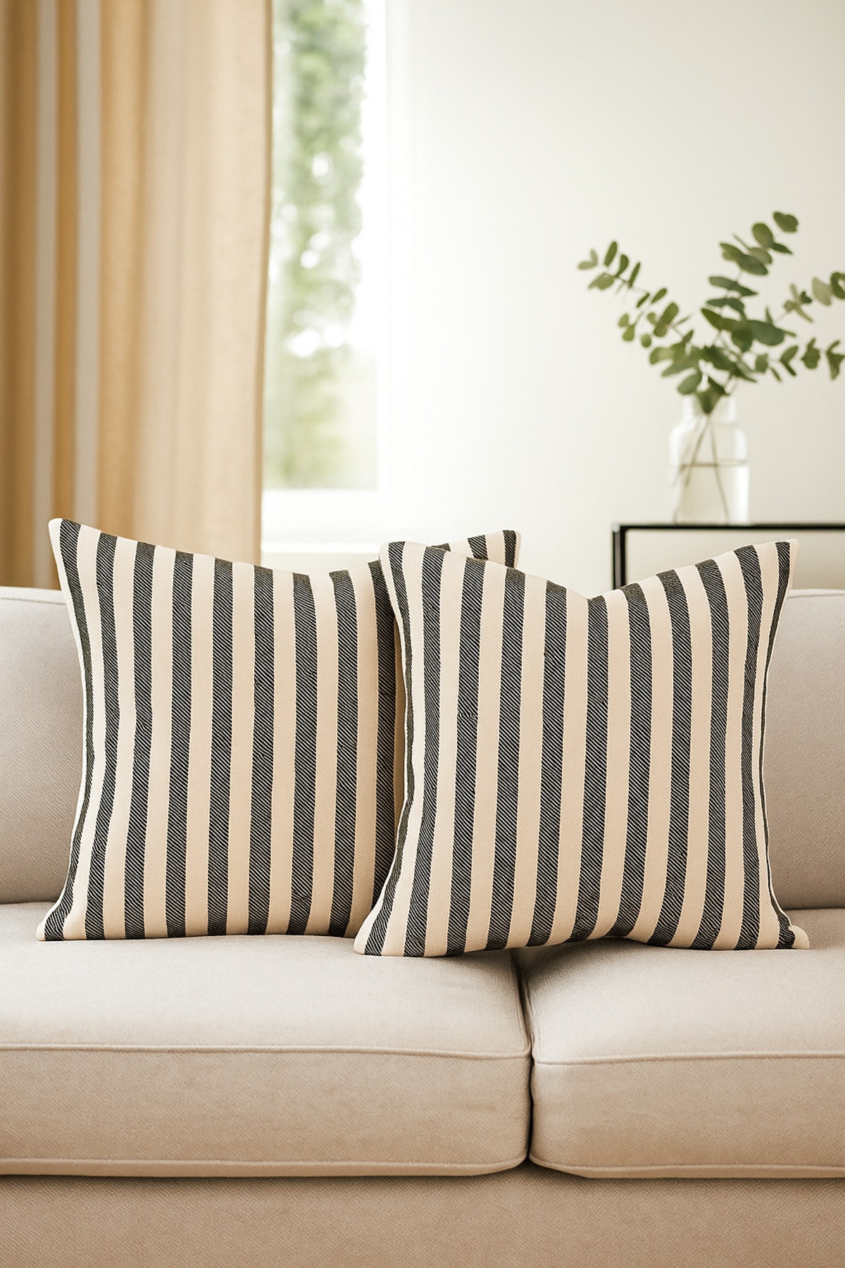 Çizgili Pamuk Keten Kırlent Kılıfı (2'li Set) - Siyah - 43 x 43