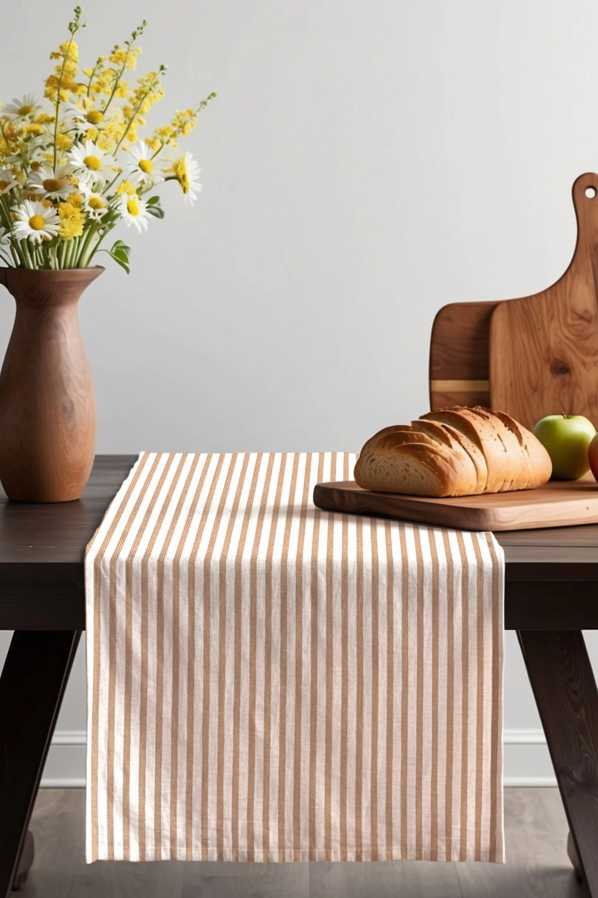 Açık Kahve Çizgili Keten Runner - Kahverengi - 40 x 150