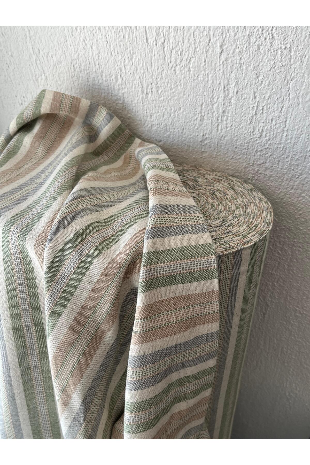 Yıkanmış Çizgili Pamuk Keten Kumaş - Çok Renkli - 100 x 230