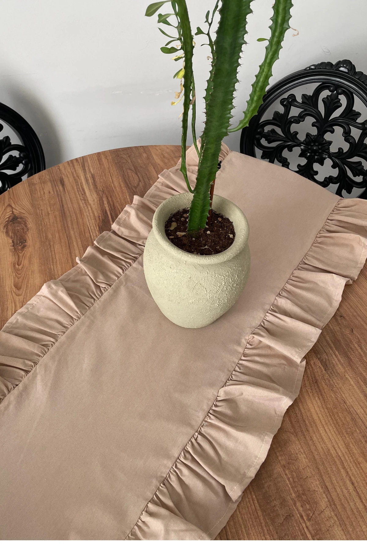 Fırfırlı Keten Runner - Bej - 40 x 110