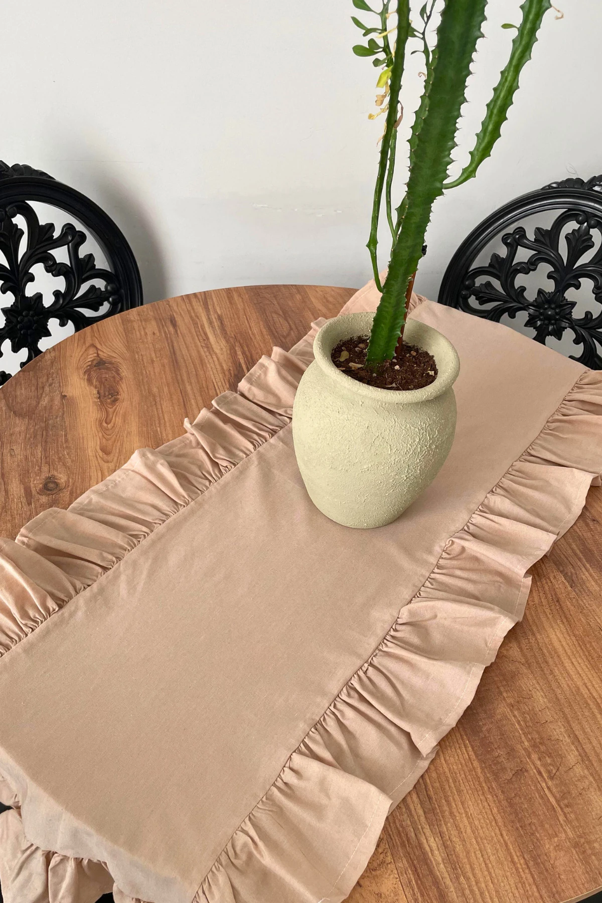 Fırfırlı Keten Runner - Bej - 40 x 110