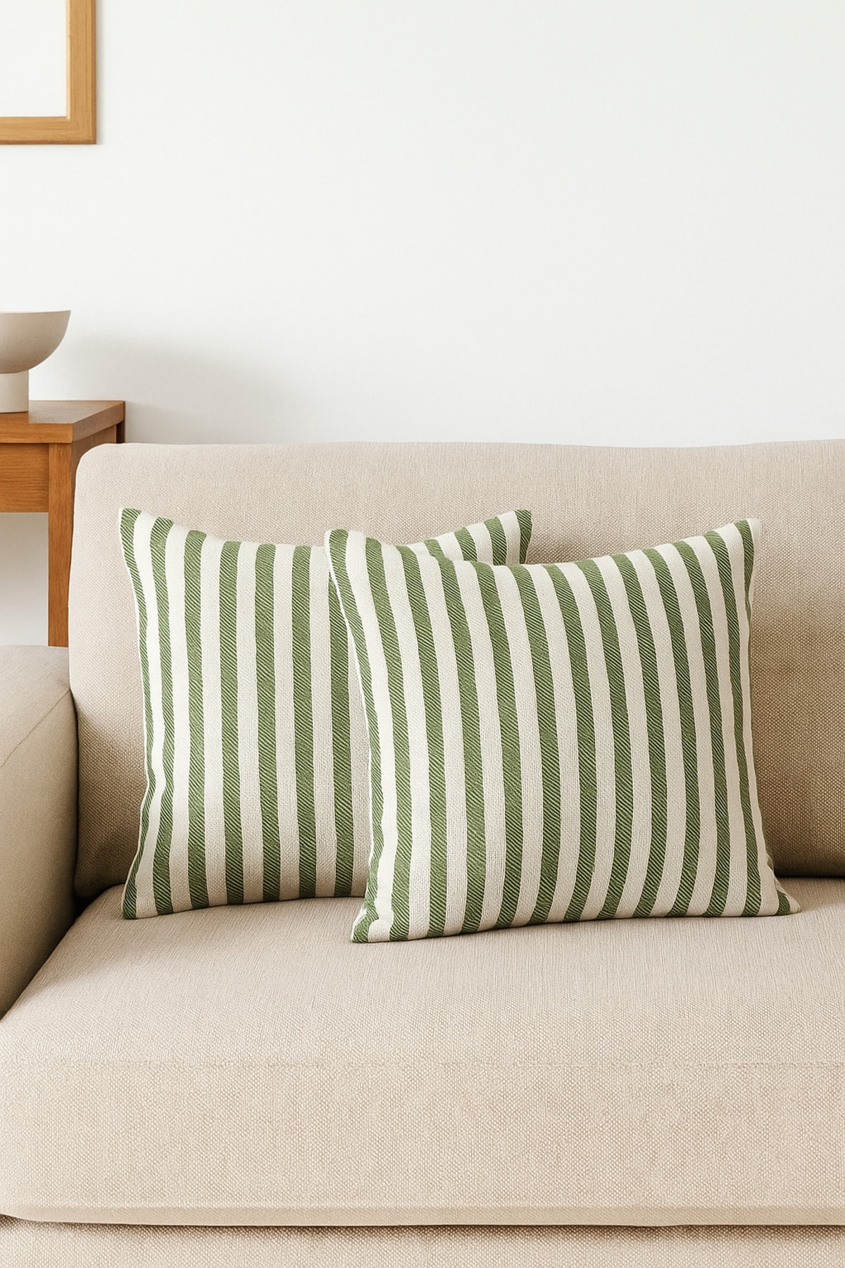 Çizgili Pamuk Keten Kırlent Kılıfı (2'li Set) - Zümrüt Yeşil - 43 x 43