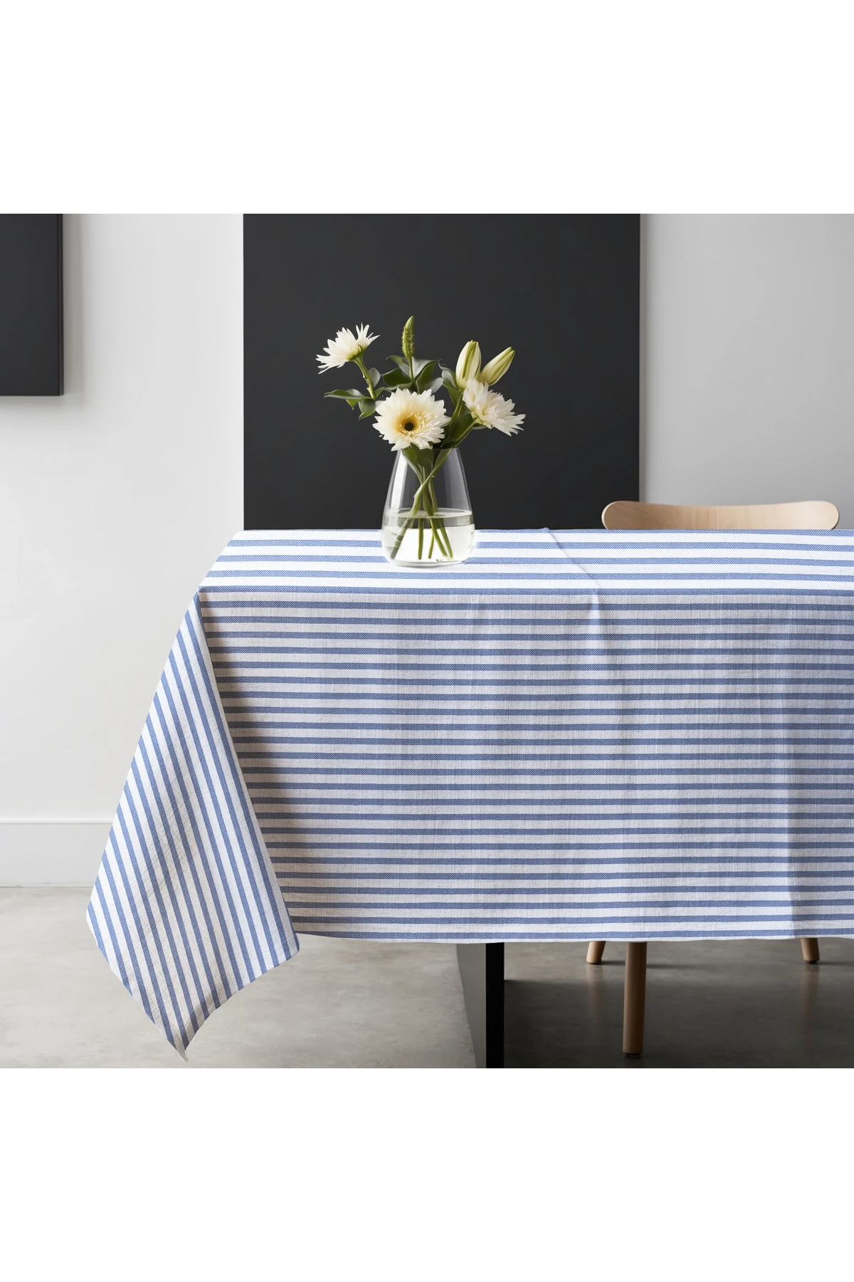 Lacivert Çizgili Keten Masa Örtüsü - Lacivert - 160 x 220
