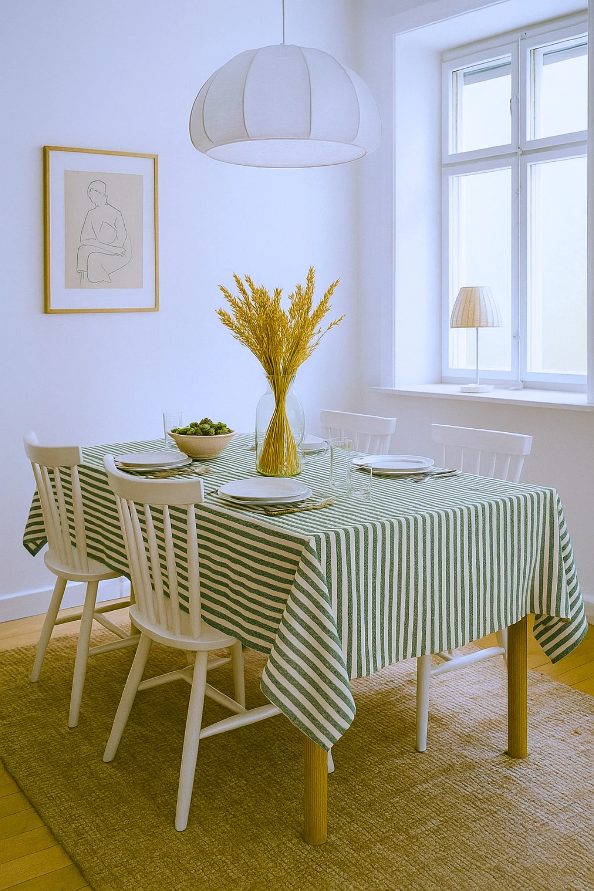 Zümrüt Yeşil Çizgili Keten Masa Örtüsü - Zümrüt Yeşil - 180 x 220