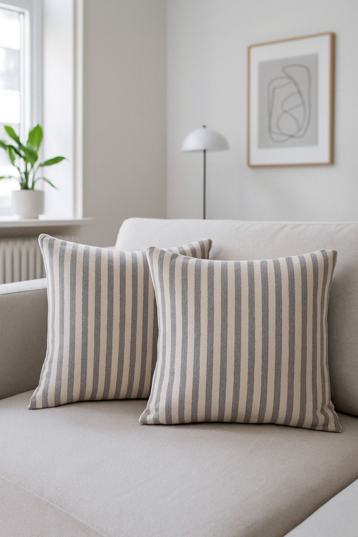 Çizgili Pamuk Keten Kırlent Kılıfı (2'li Set) - Gri - 43 x 43