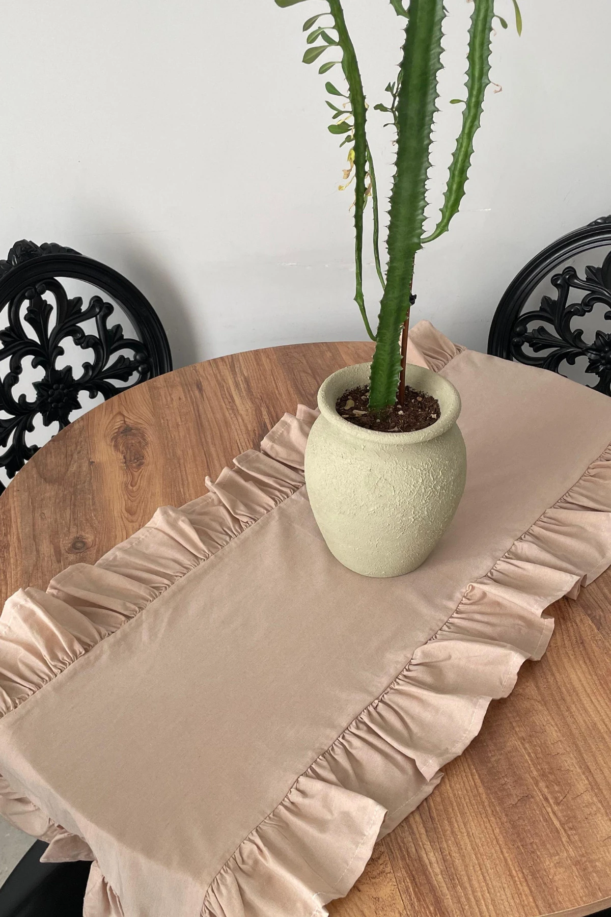 Fırfırlı Keten Runner - Bej - 40 x 110