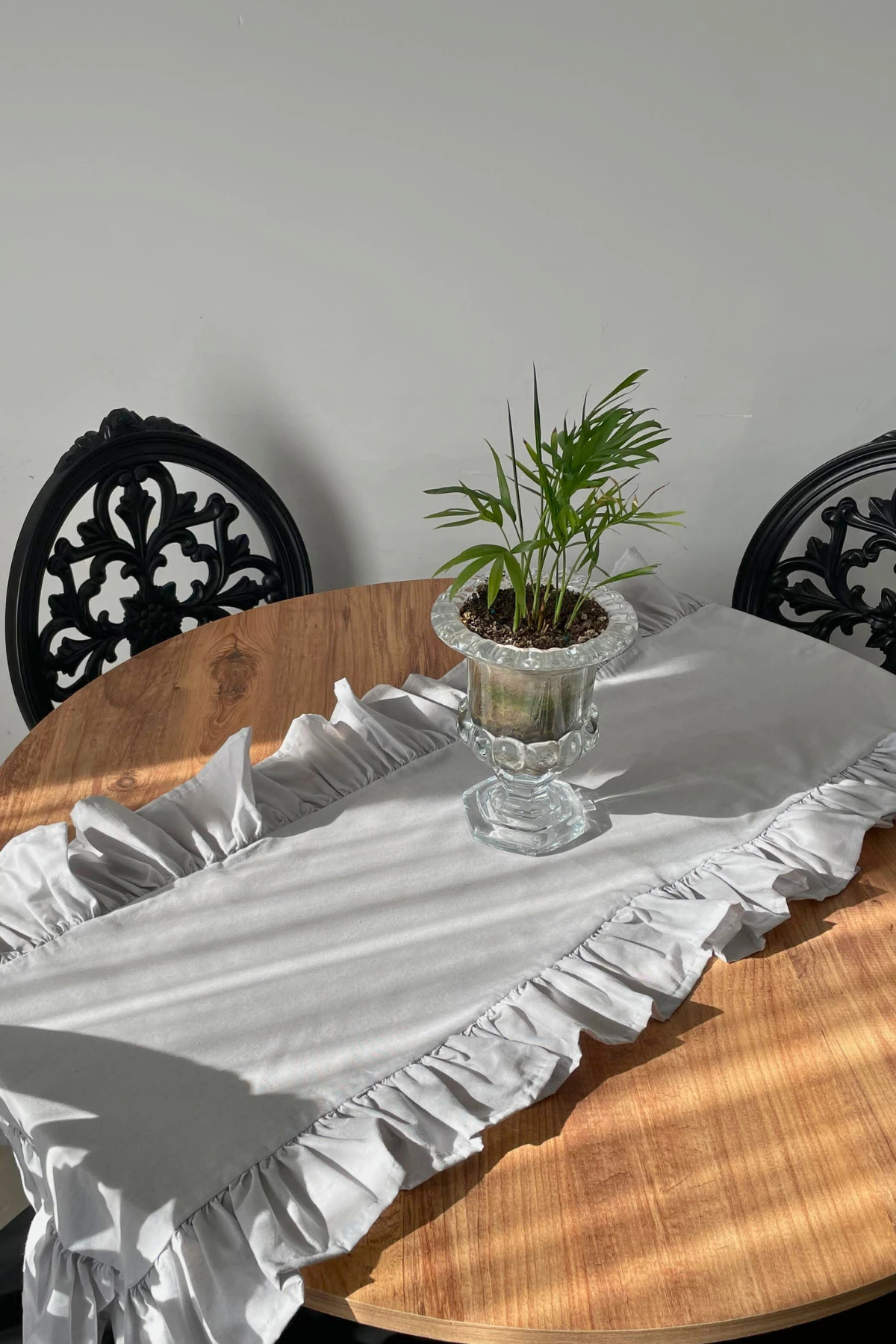 Fırfırlı Keten Runner - Gri - 40 x 110