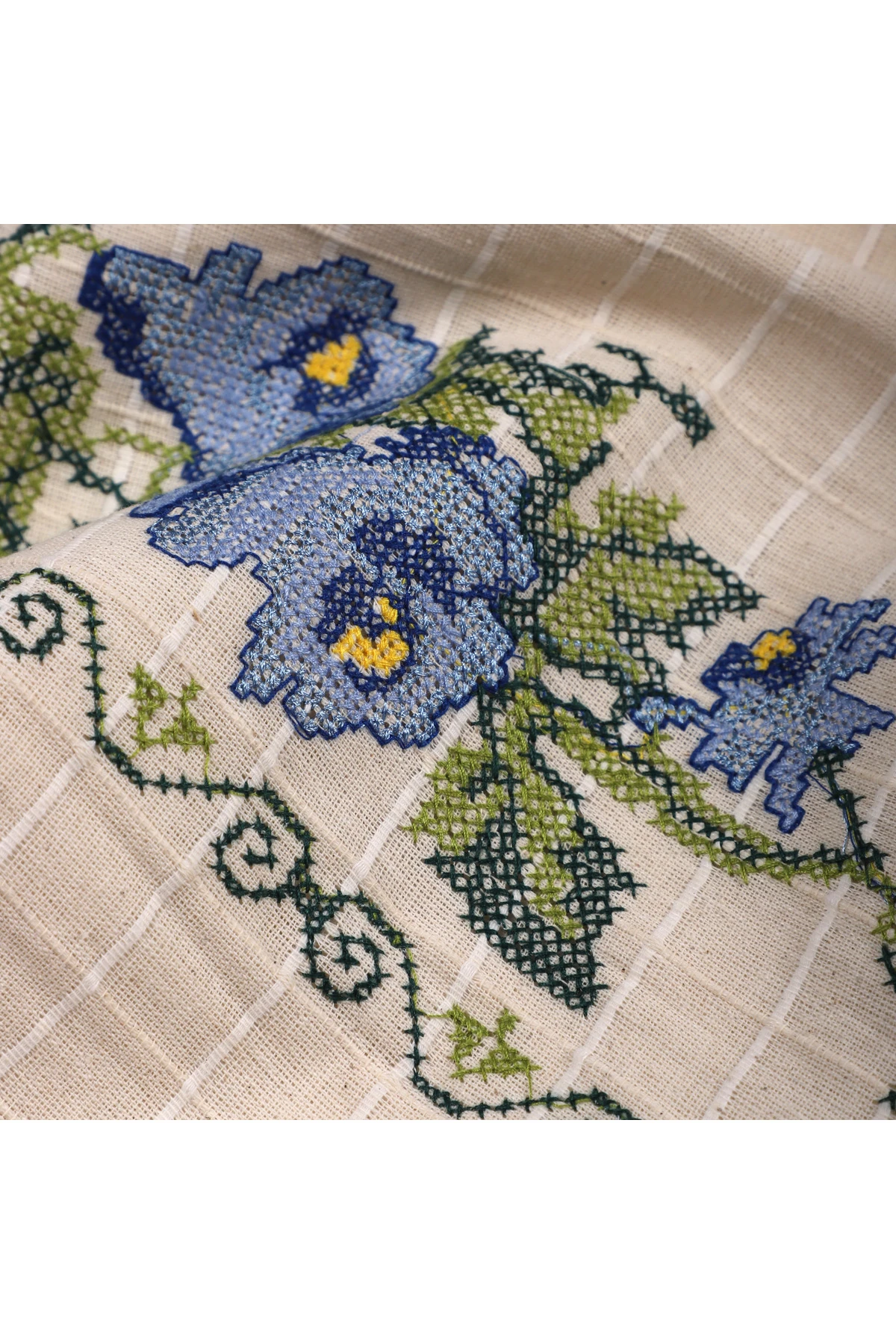 Kanaviçeli Monika Perde & Runner Kumaşı - Mavi - Mavi - 100 x 210