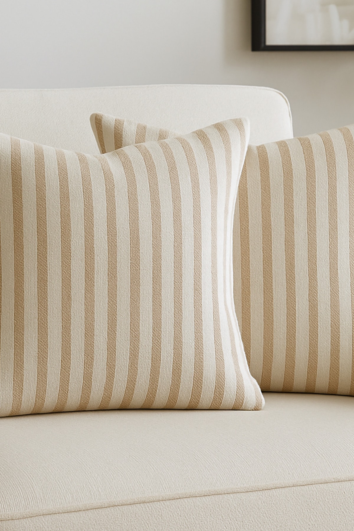Çizgili Pamuk Keten Kırlent Kılıfı (2'li Set) - Sütlü Kahve - 43 x 43