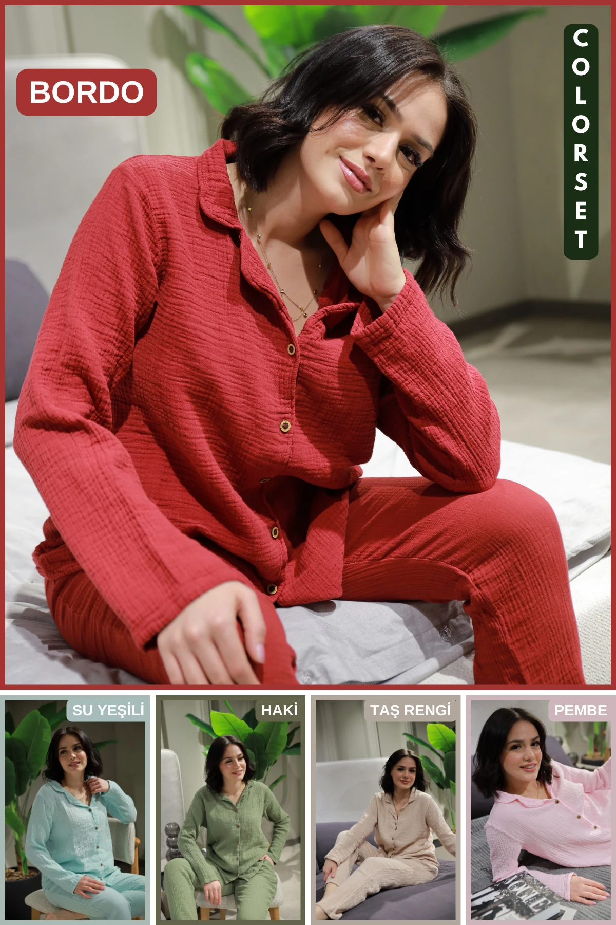 Doğal Pamuk Müslin Kadın Pijama Takımı (Uzun Kollu) - Bordo -