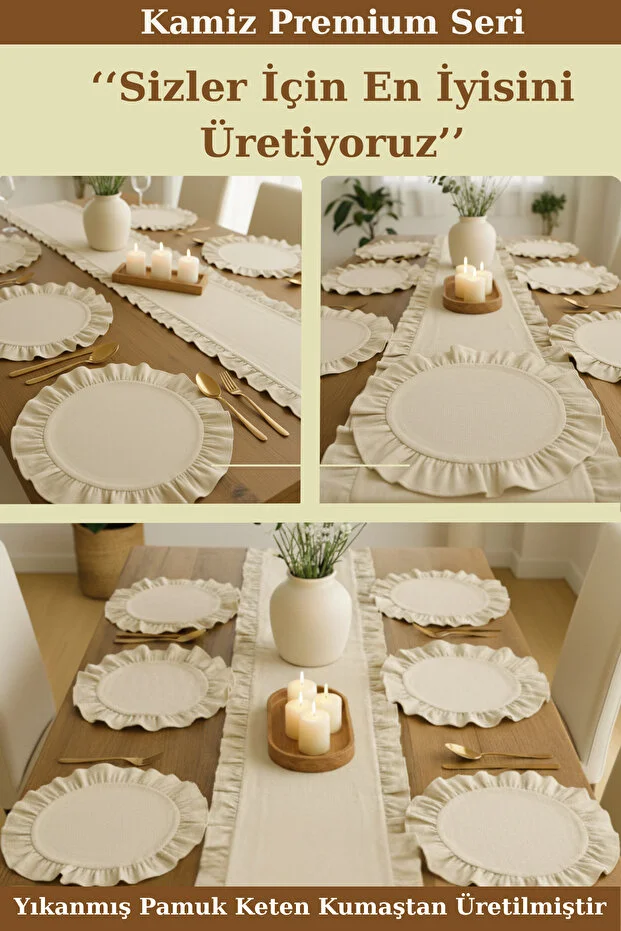 Fırfırlı Keten Runner & 6'lı Fıfırlı Supla Seti - Premium Seri 7 Parça Çeyiz Seti 40x110cm