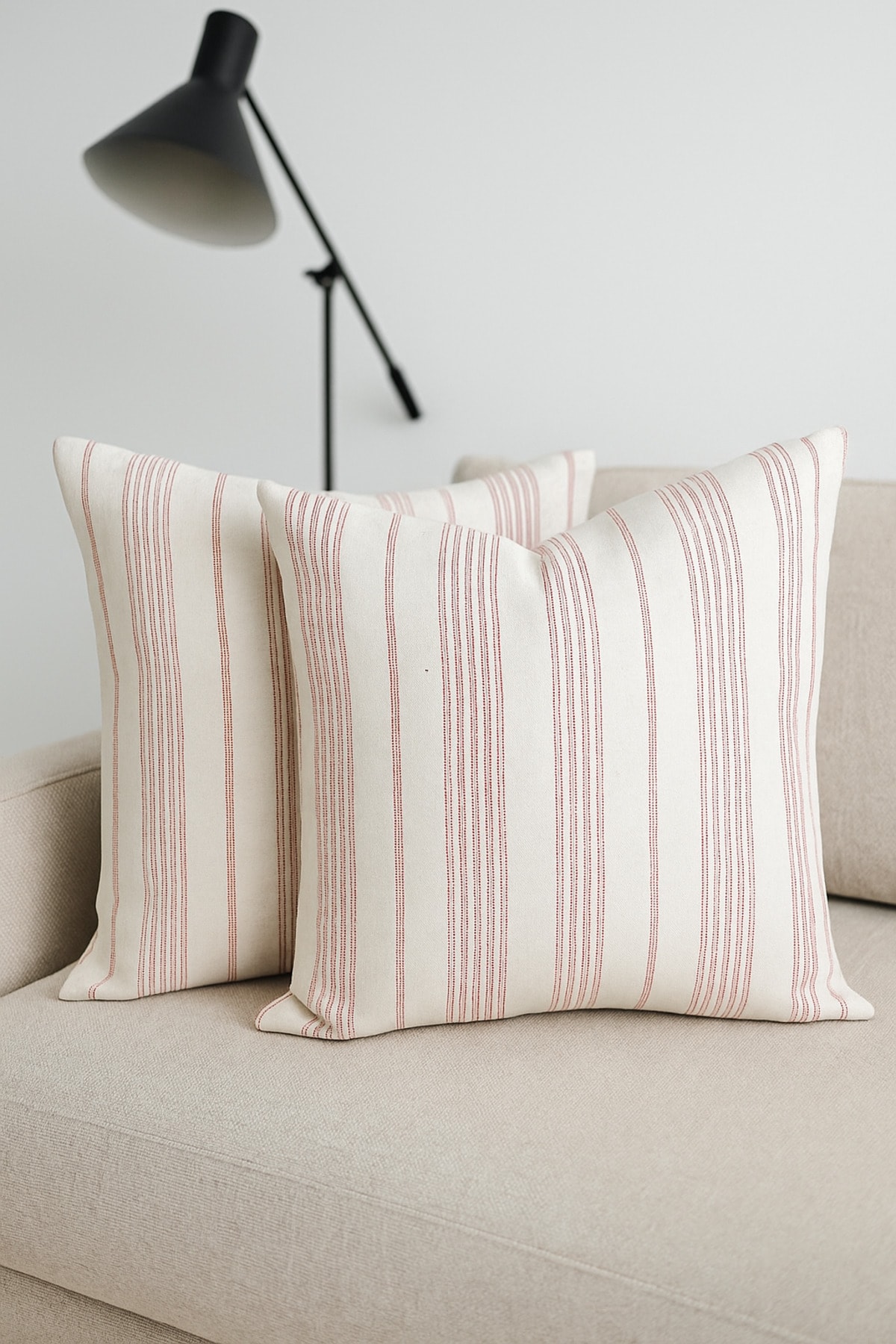 Çizgili Pamuk Keten Kırlent Kılıfı (2'li Set) - Bordo - 43 x 43