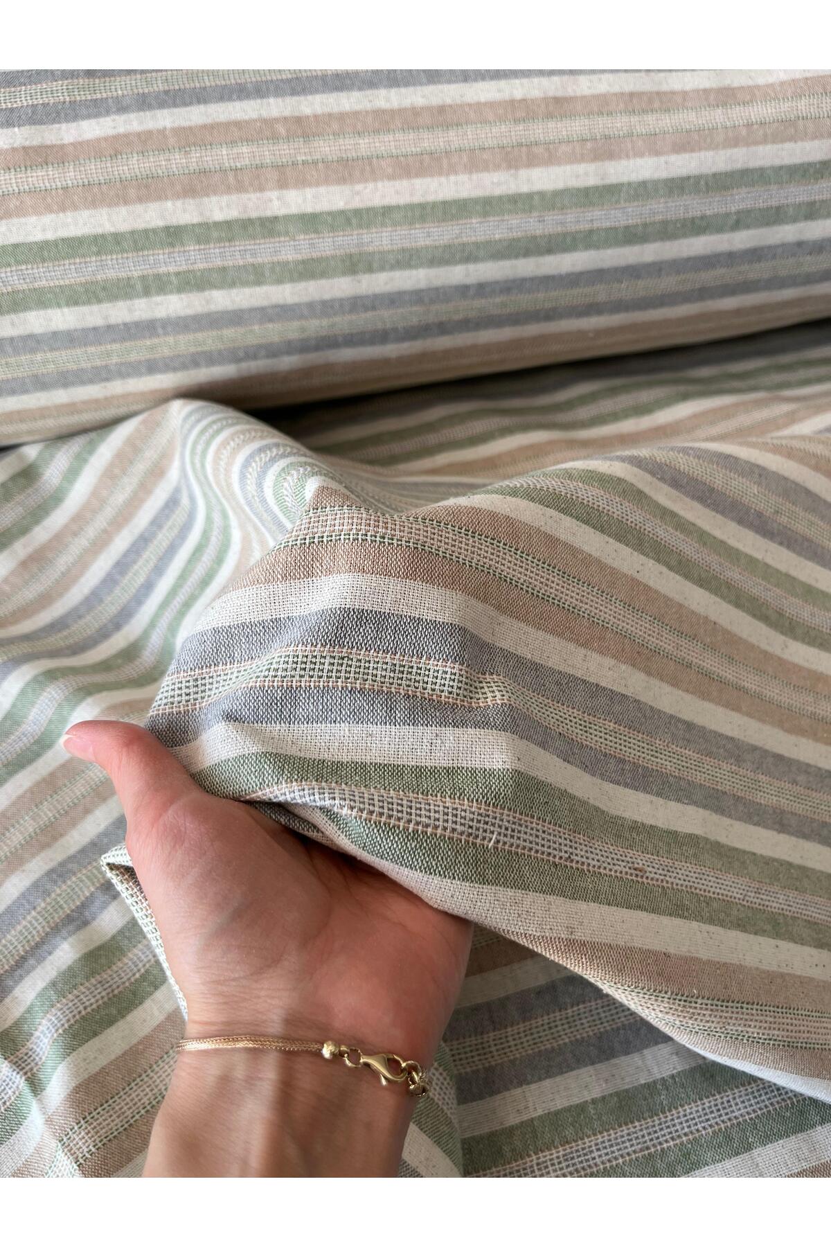 Yıkanmış Çizgili Pamuk Keten Kumaş - Çok Renkli - 100 x 230