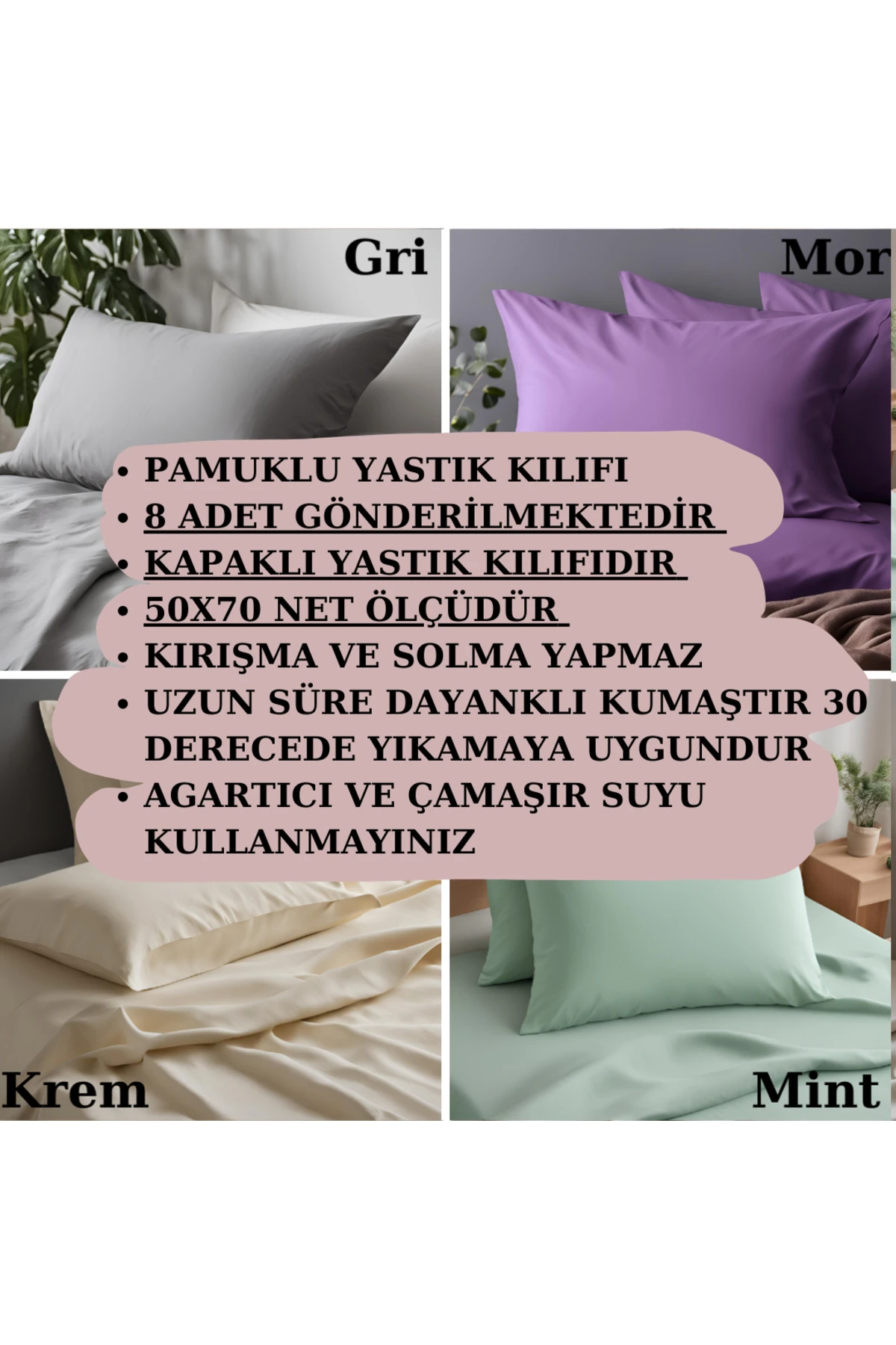 Pamuklu Yastık Kılıfı - 8 Adet - Gri Mor Krem Antrasit - 50 x 70