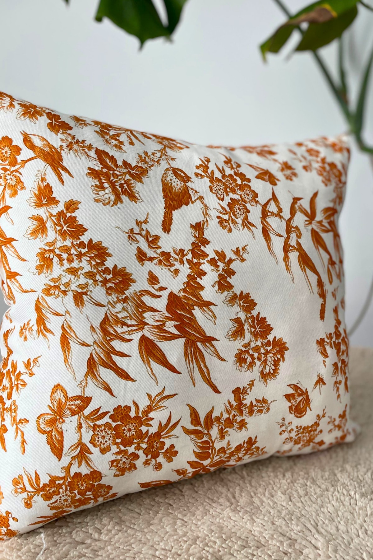 Vintage Kuş Desenli Kırlent Kılıfı (%100 Pamuk) - Turuncu - 45 x 45