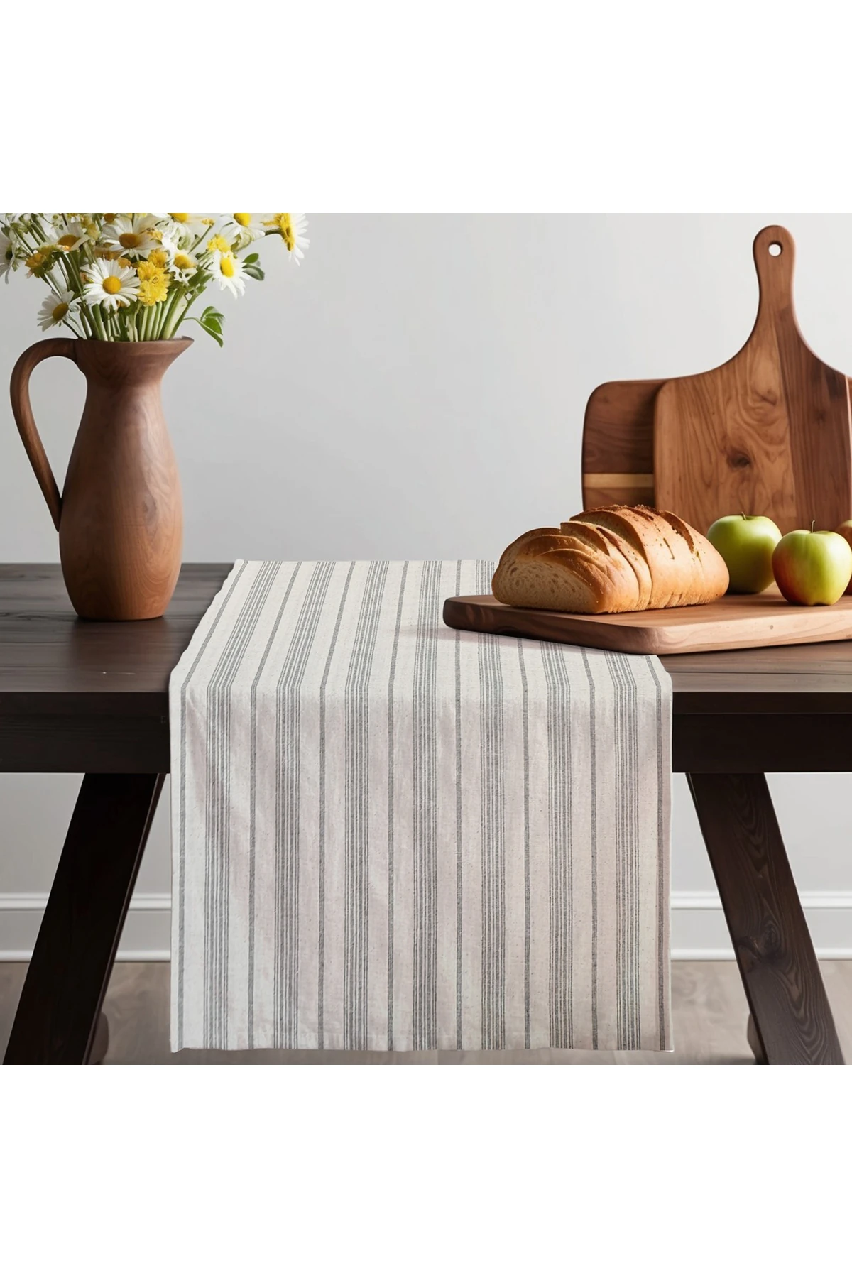 Antrasit Çizgili Pamuk Keten Runner - Antrasit - 40 x 150