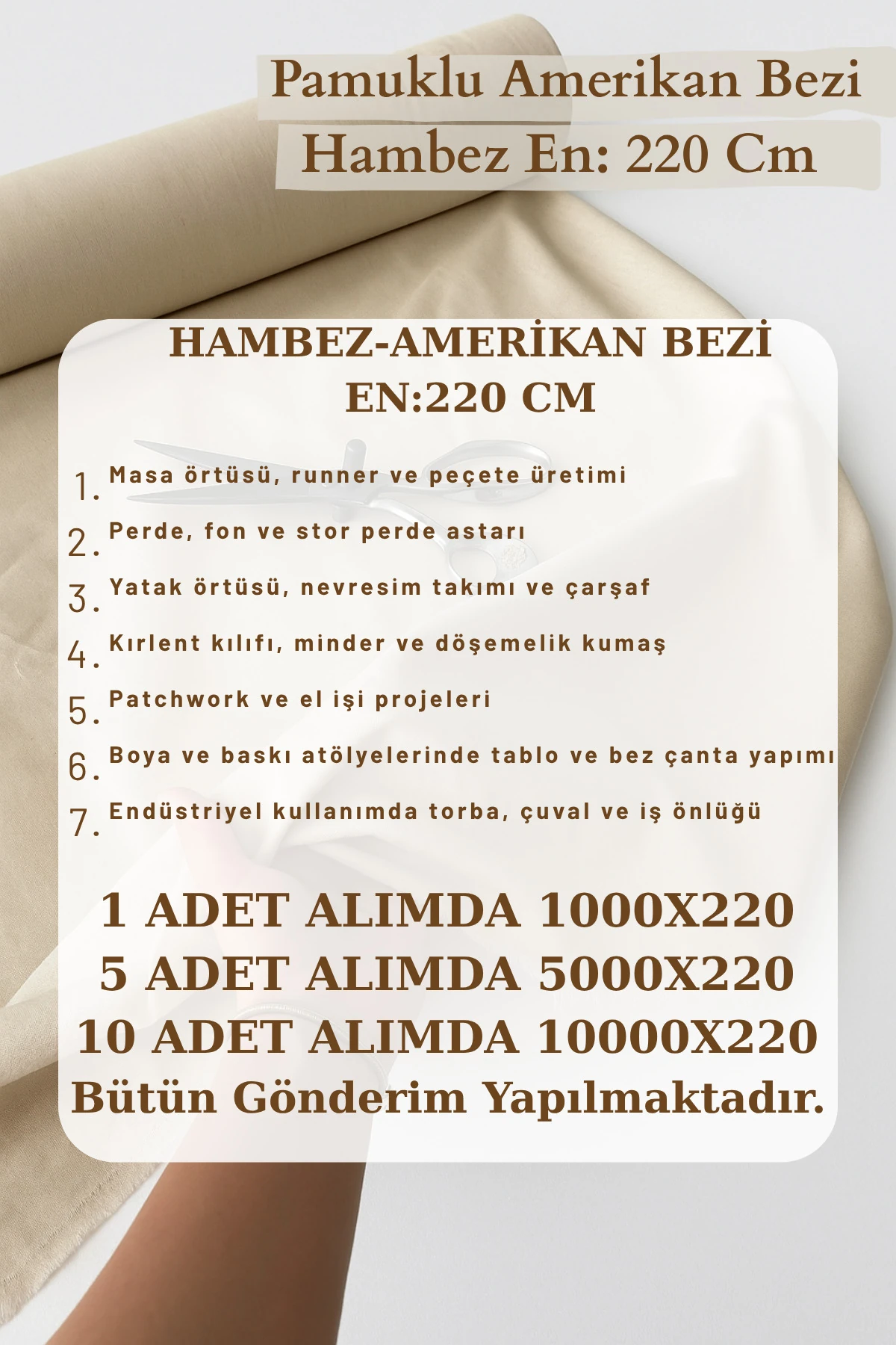 10 Metre Ham Amerikan Bezi (Punch & Hobi Kumaşı) - Bej - Tek Ebat