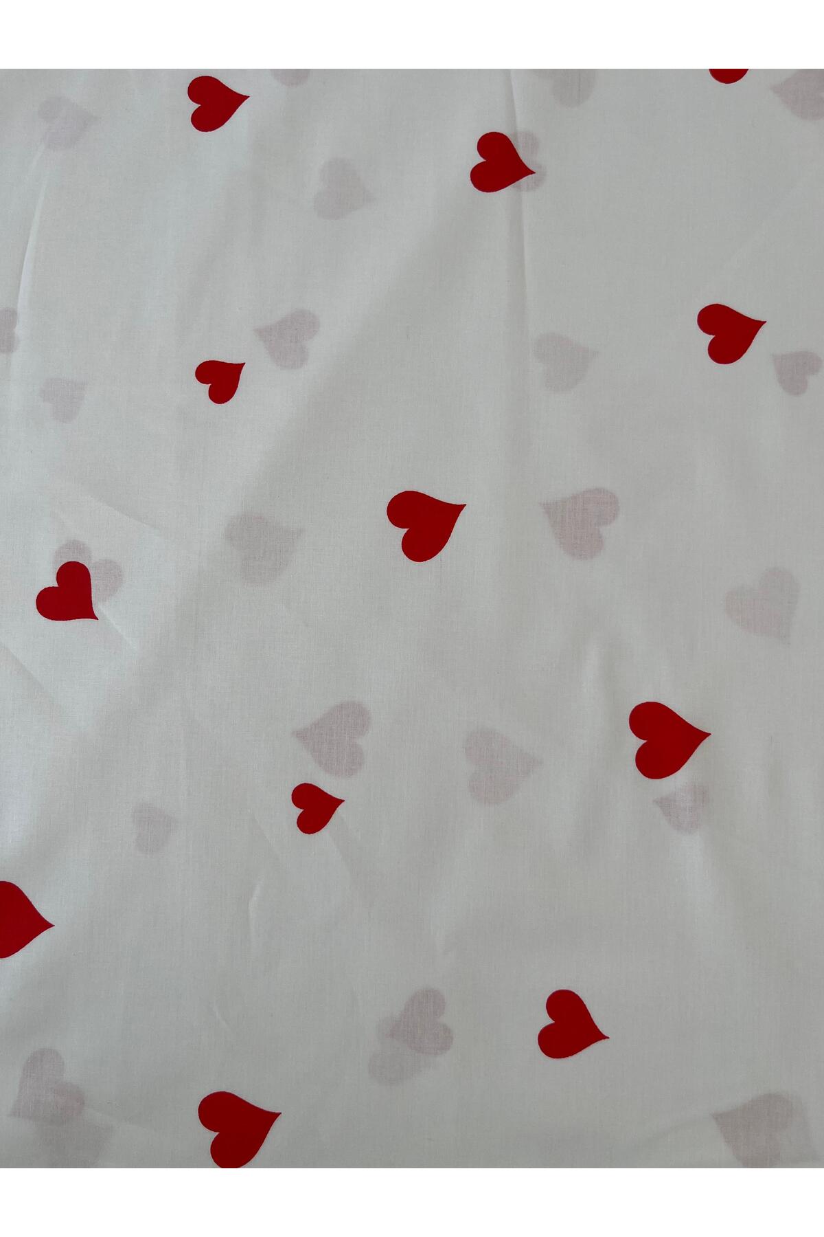 Kırmızı Kalp Desenli Poplin Kumaş - Kırmızı - 100 x 240