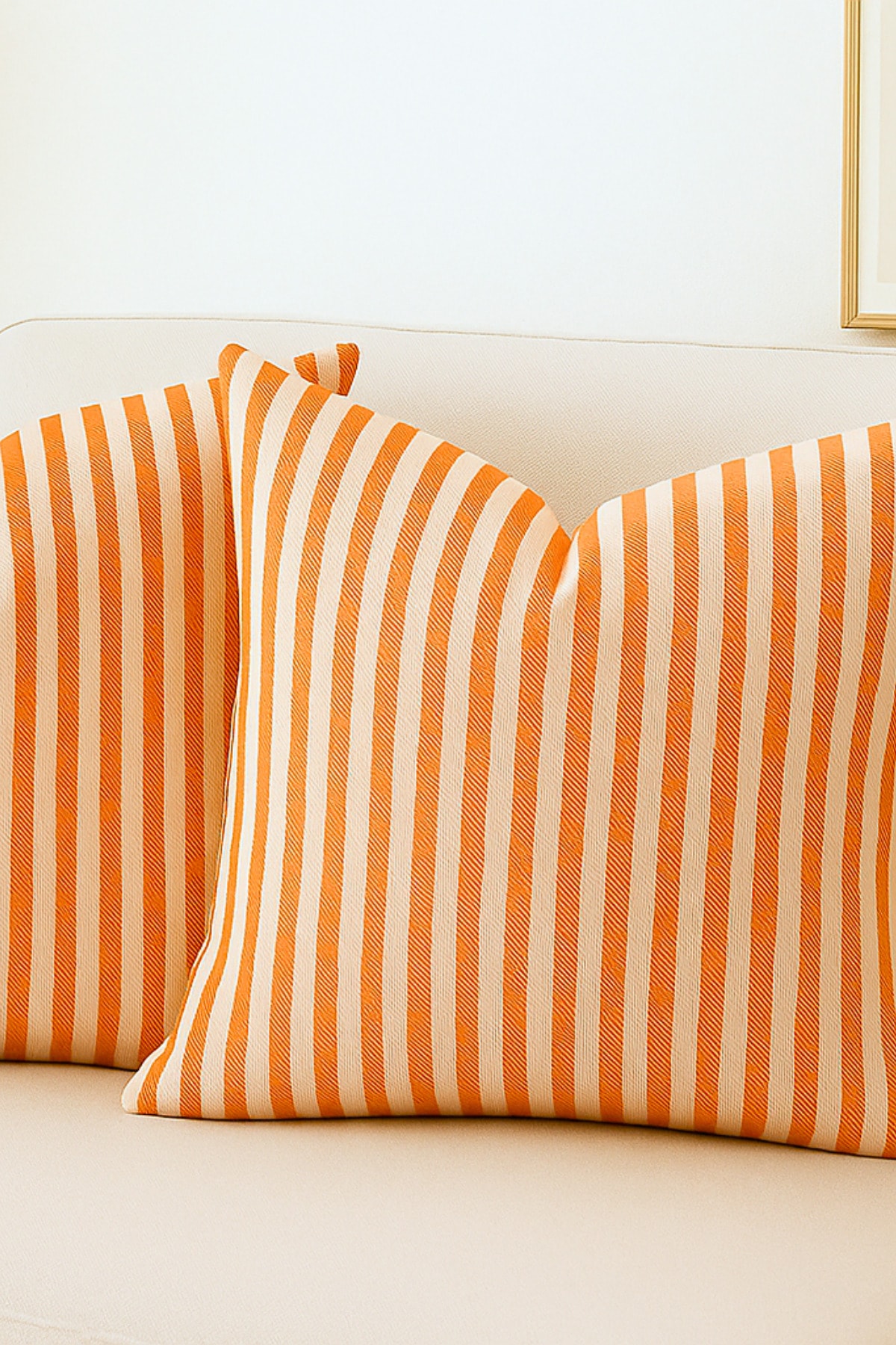 Çizgili Pamuk Keten Kırlent Kılıfı (2'li Set) - Turuncu - 43 x 43