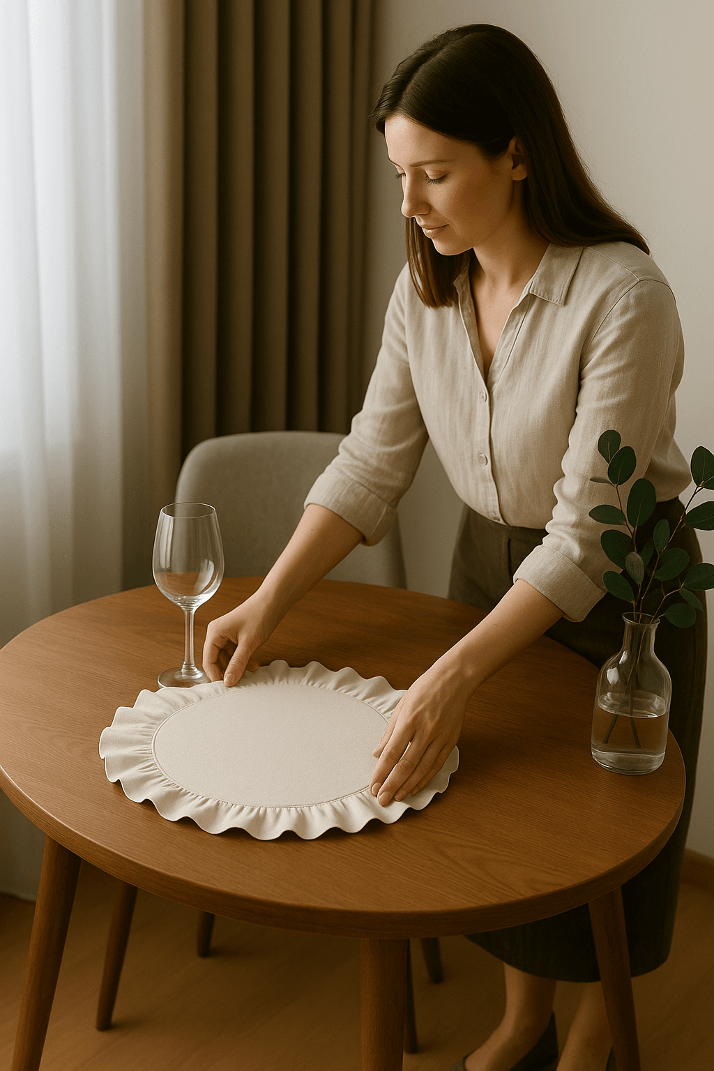 Fırfırlı Keten Amerikan Servisi Yuvarlak 6'lı 40x40