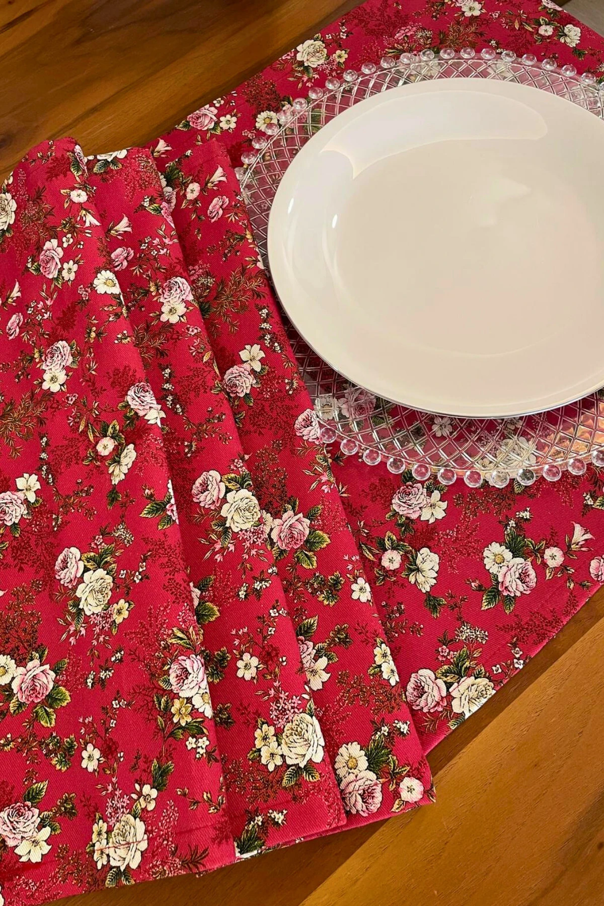 Kırmızı Çiçek Desenli Runner - Kırmızı - 40 x 150